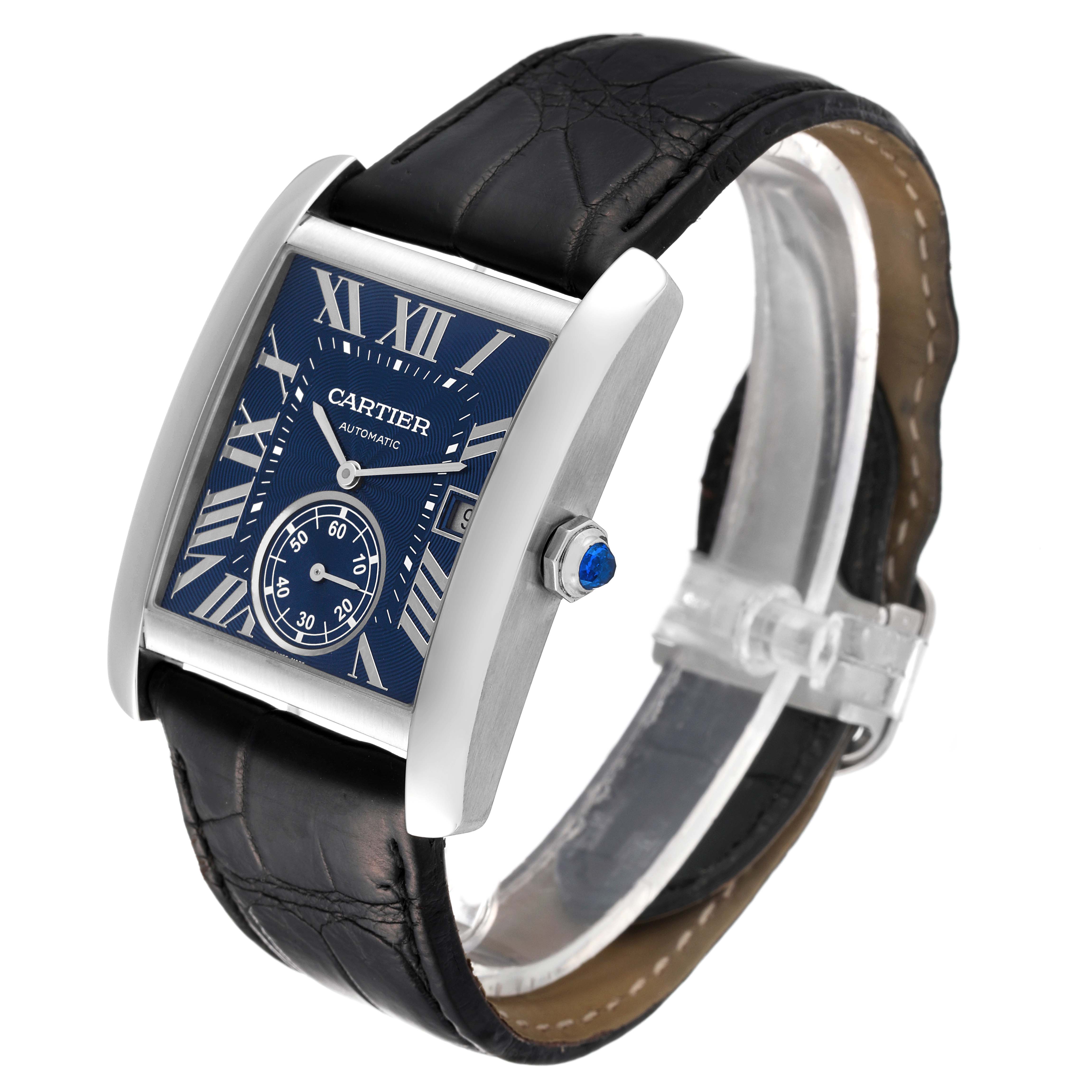 The Cartier Tank MC WSTA0010 Men's Stainless Steel Blue Dial WSTA0010 Men's Stainless Steel Blue Dial watch is shown at an angle displaying its blue dial, Roman numerals, and leather strap.