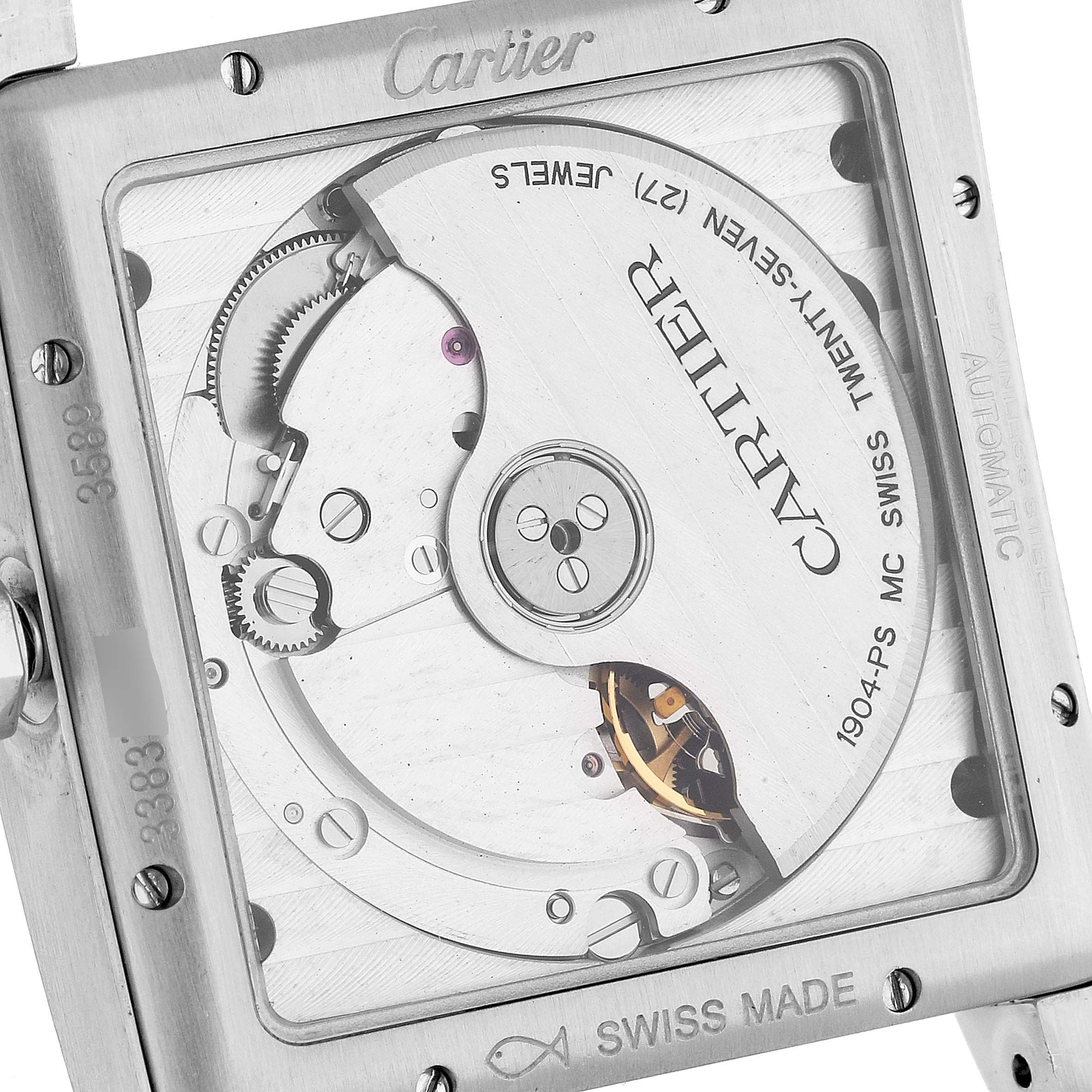 This image shows the back of a Cartier Tank MC WSTA0010 Men's Stainless Steel Blue Dial WSTA0010 Men's Stainless Steel Blue Dial watch, highlighting the automatic movement mechanism.