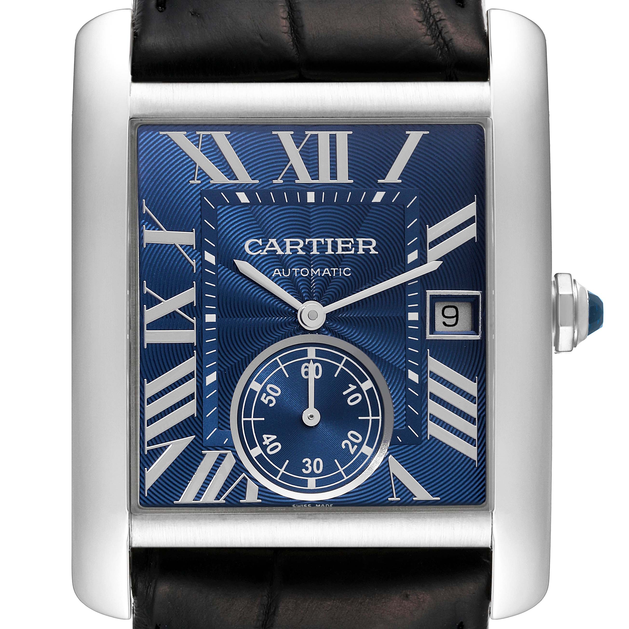 The image is a top-down view of a Cartier Tank MC WSTA0010 Men's Stainless Steel Blue Dial WSTA0010 Men's Stainless Steel Blue Dial watch, showcasing the face, dial, hands, date window, and part of the strap.