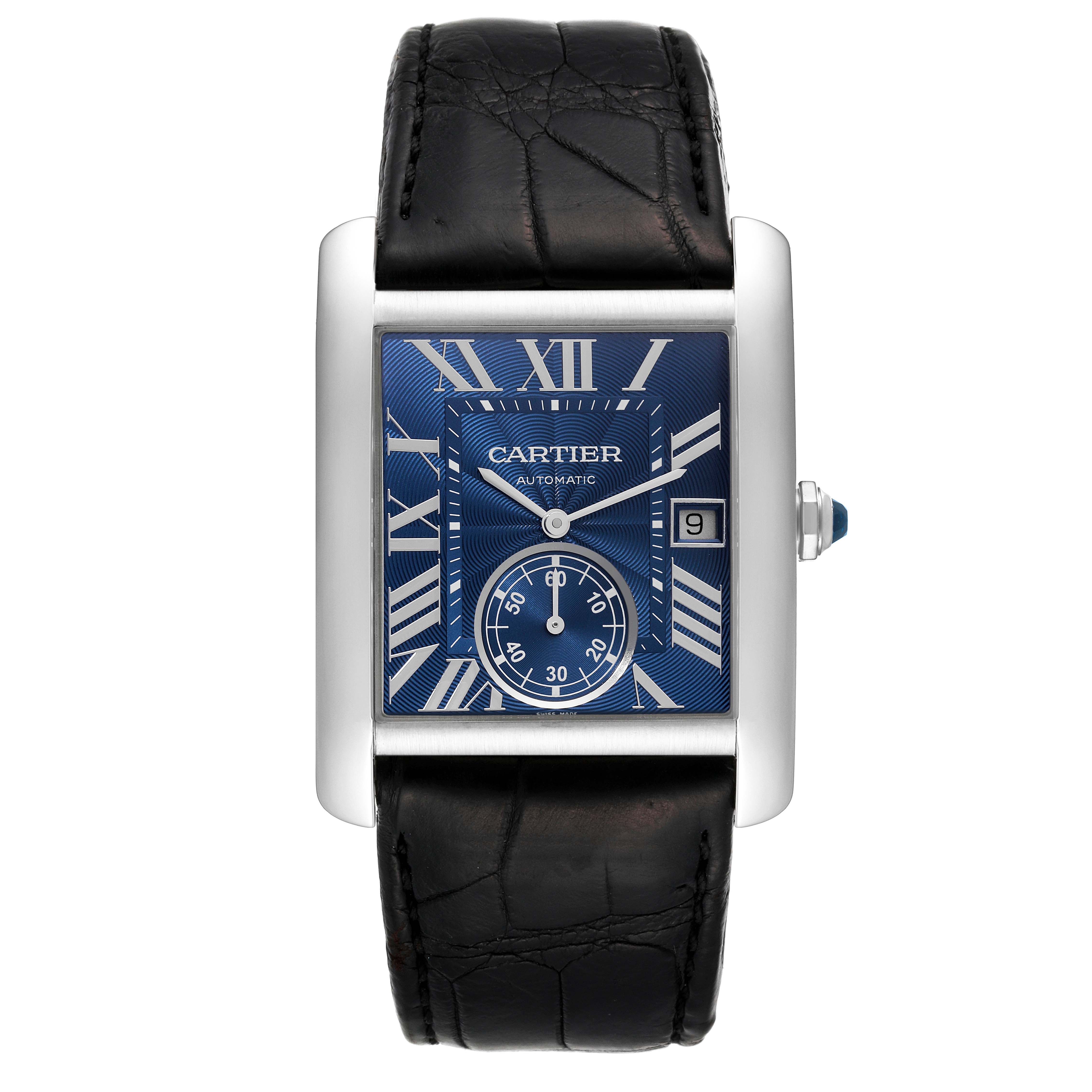 The Cartier Tank MC WSTA0010 Men's Stainless Steel Blue Dial WSTA0010 Men's Stainless Steel Blue Dial watch is shown from a top-down view, displaying the face and strap.