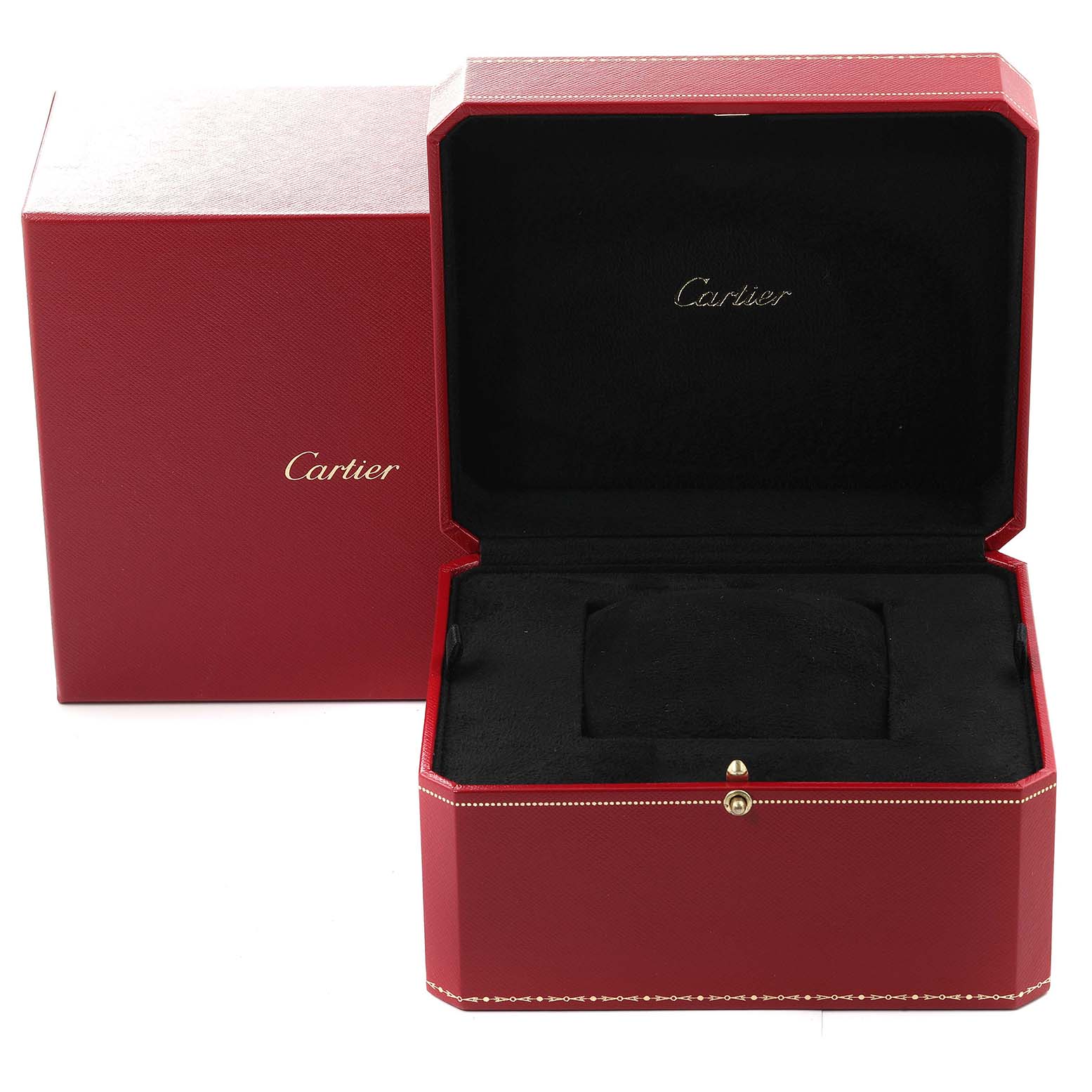 The image shows an open Cartier Tank MC WSTA0010 Men's Stainless Steel Blue Dial WSTA0010 Men's Stainless Steel Blue Dial watch box and its outer red case.