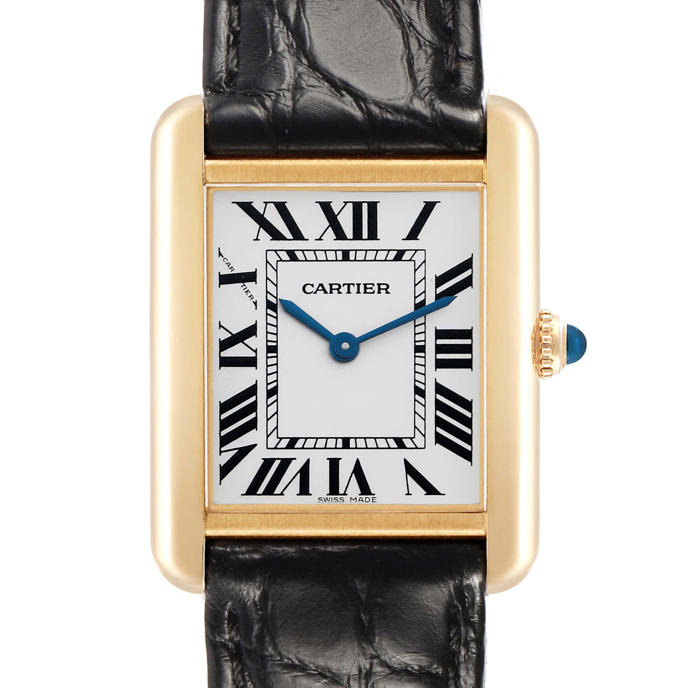 The Cartier Tank Solo W1018755 Women's Yellow Gold Silver Dial watch is shown from the front, displaying its rectangular face, Roman numerals, and leather strap.