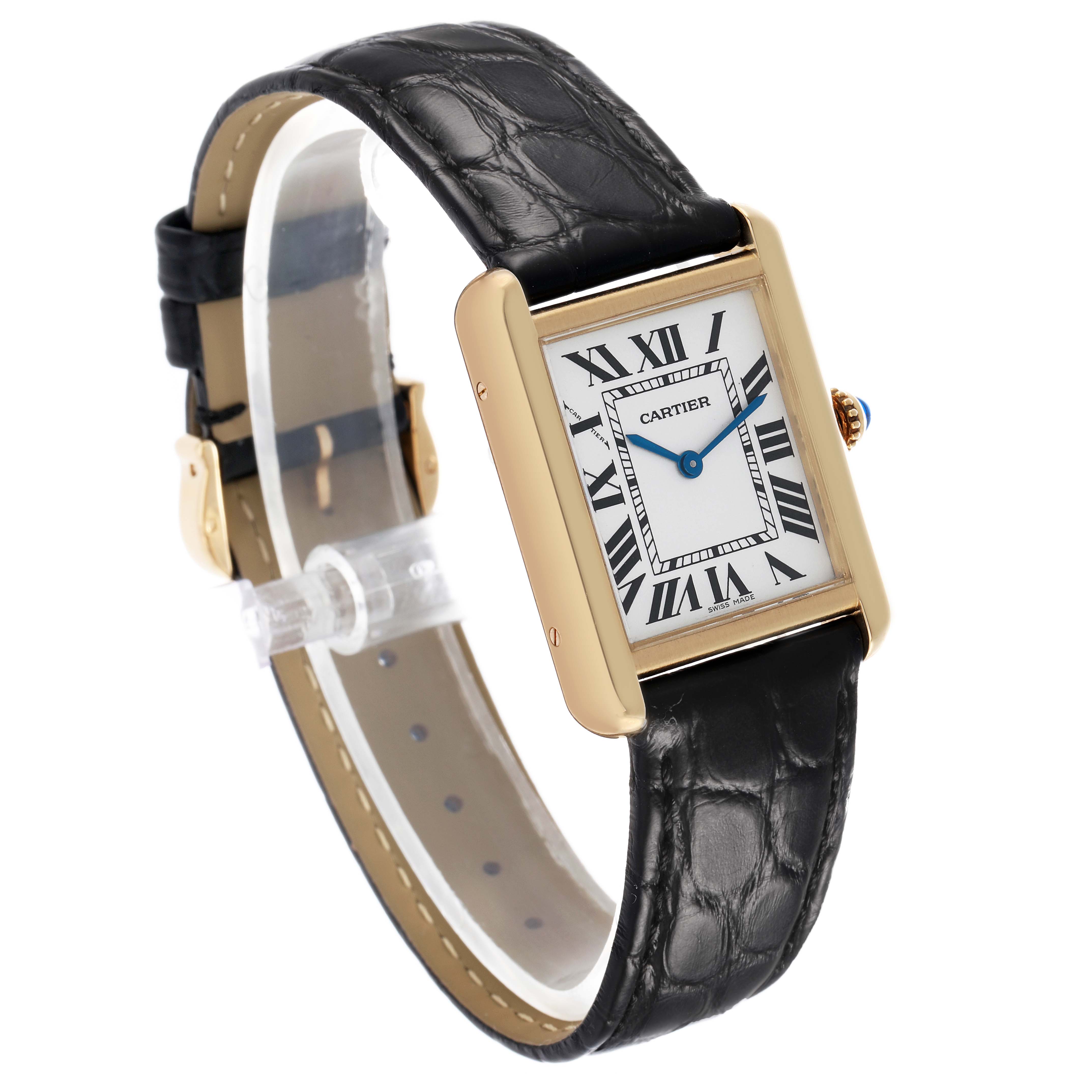 The Cartier Tank Solo W1018755 Women's Yellow Gold Silver Dial watch is shown at a three-quarter angle, highlighting the face, leather strap, and gold case.