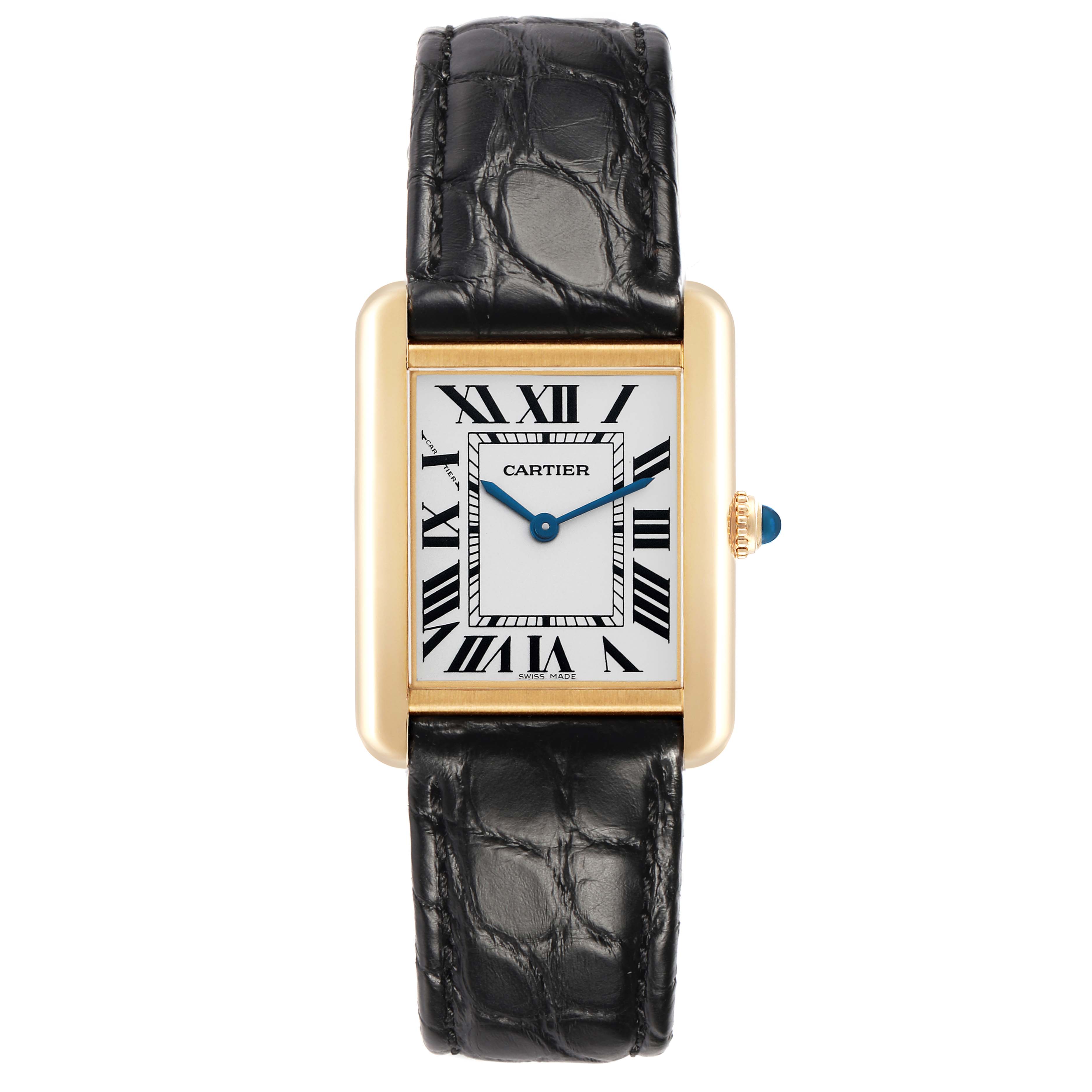 The Cartier Tank Solo W1018755 Women's Yellow Gold Silver Dial watch is shown from the front, displaying its face, strap, and crown.