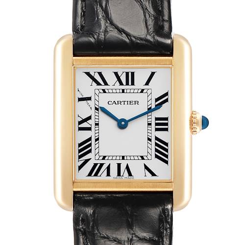 The Cartier Tank Solo W1018755 Women's Yellow Gold Silver Dial watch is shown from the front, displaying its rectangular face, Roman numerals, blue hands, and leather strap.