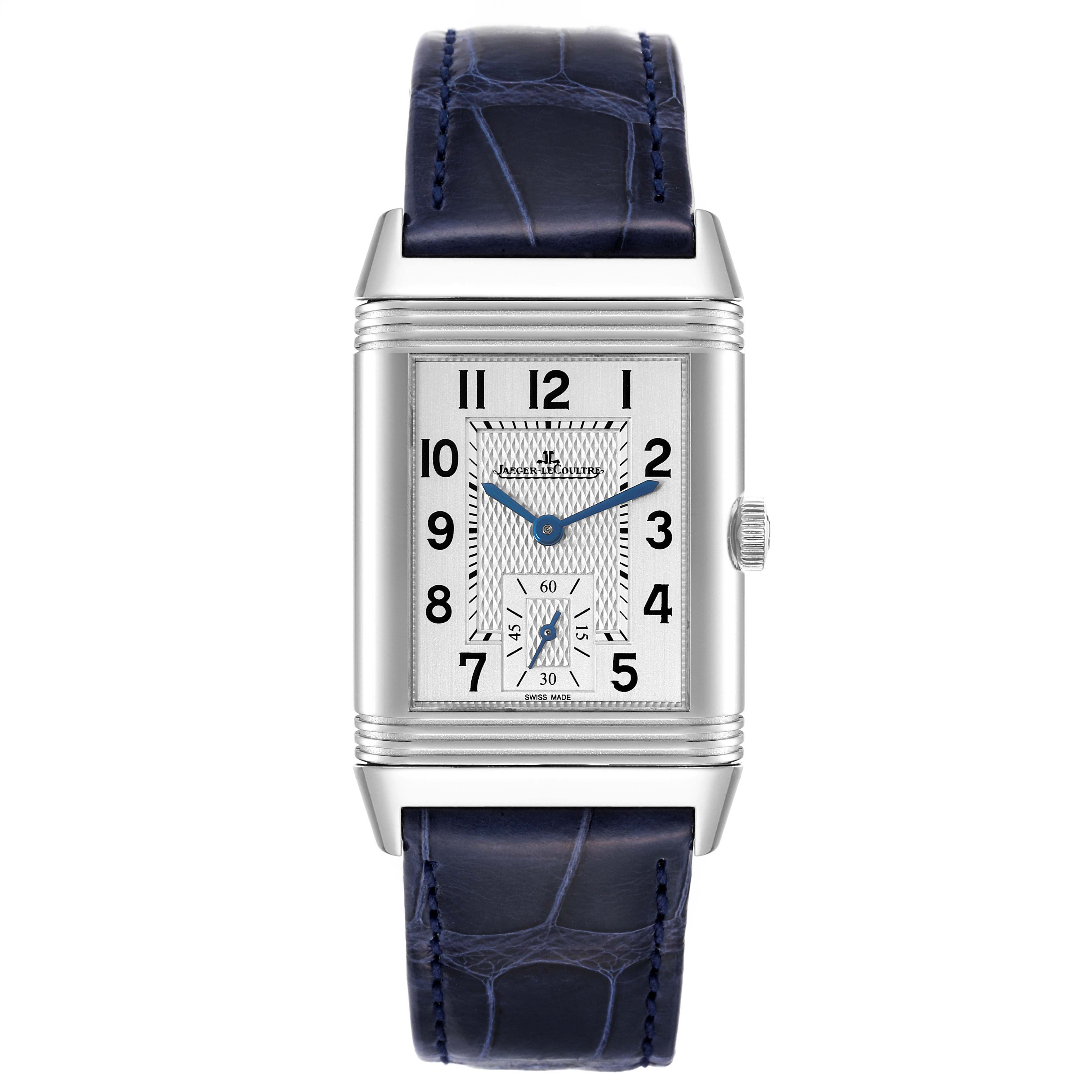 This image shows a front view of a Jaeger LeCoultre Reverso Q3848420 Men's Stainless Steel Silver Dial Q3848420 Men's Stainless Steel Silver Dial watch with a rectangular dial and a navy blue leather strap.
