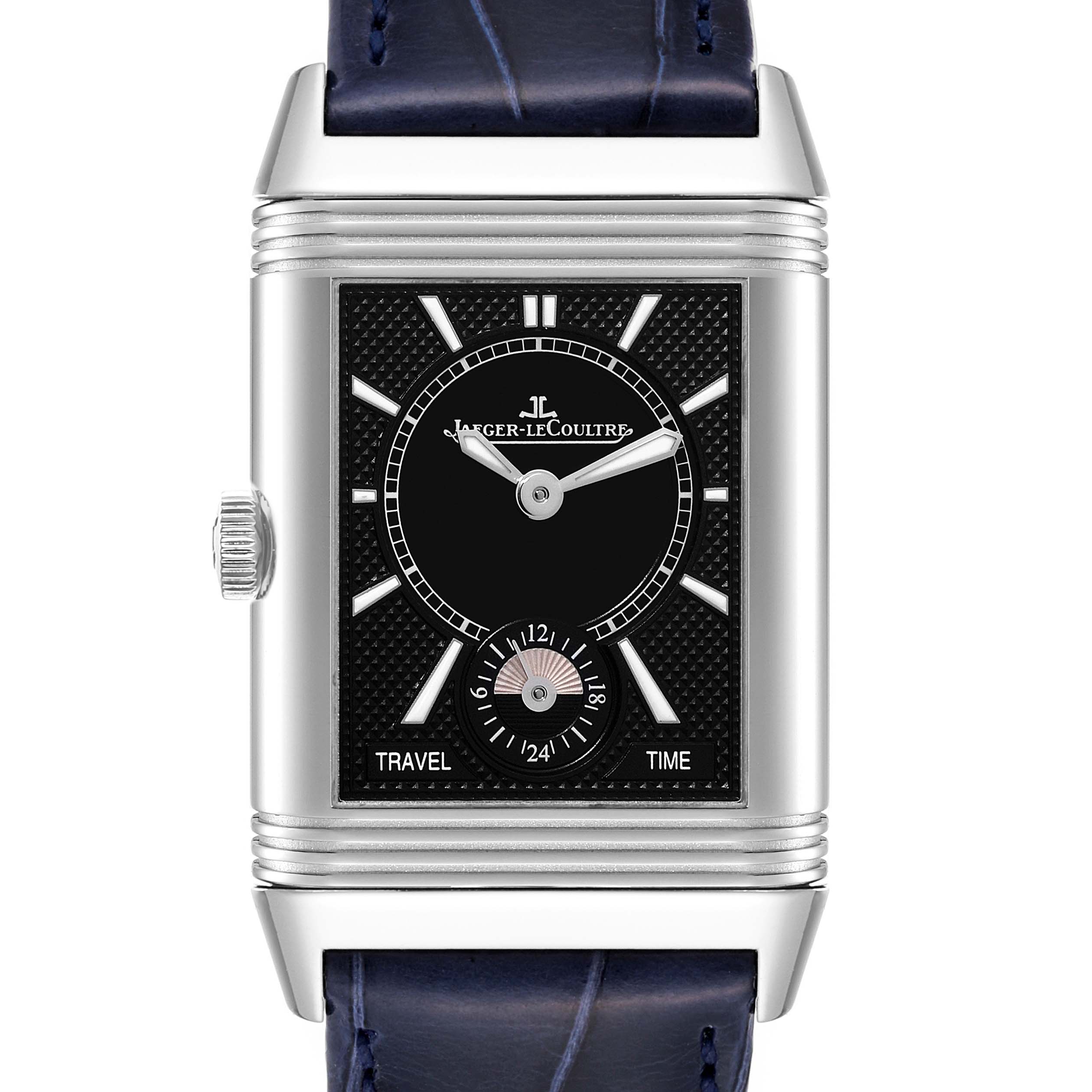 The image shows a front view of the Jaeger LeCoultre Reverso Q3848420 Men's Stainless Steel Silver Dial Q3848420 Men's Stainless Steel Silver Dial watch, highlighting its rectangular dial and side crown.