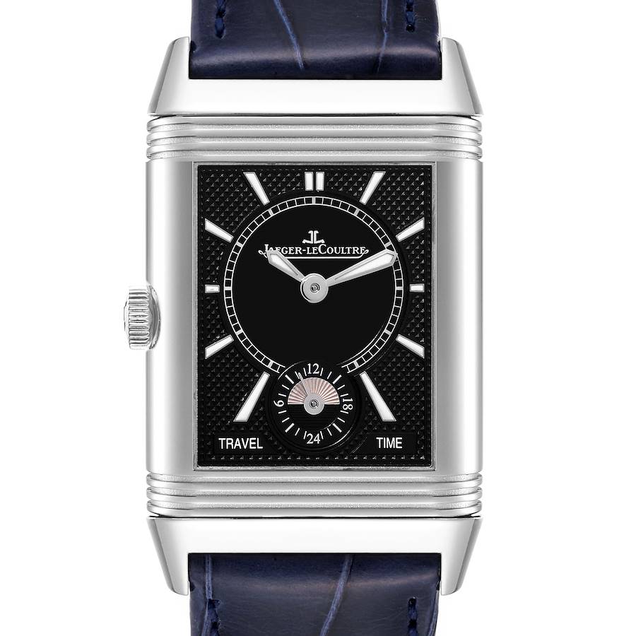 The image shows a front view of the Jaeger LeCoultre Reverso watch, highlighting its rectangular dial and side crown.