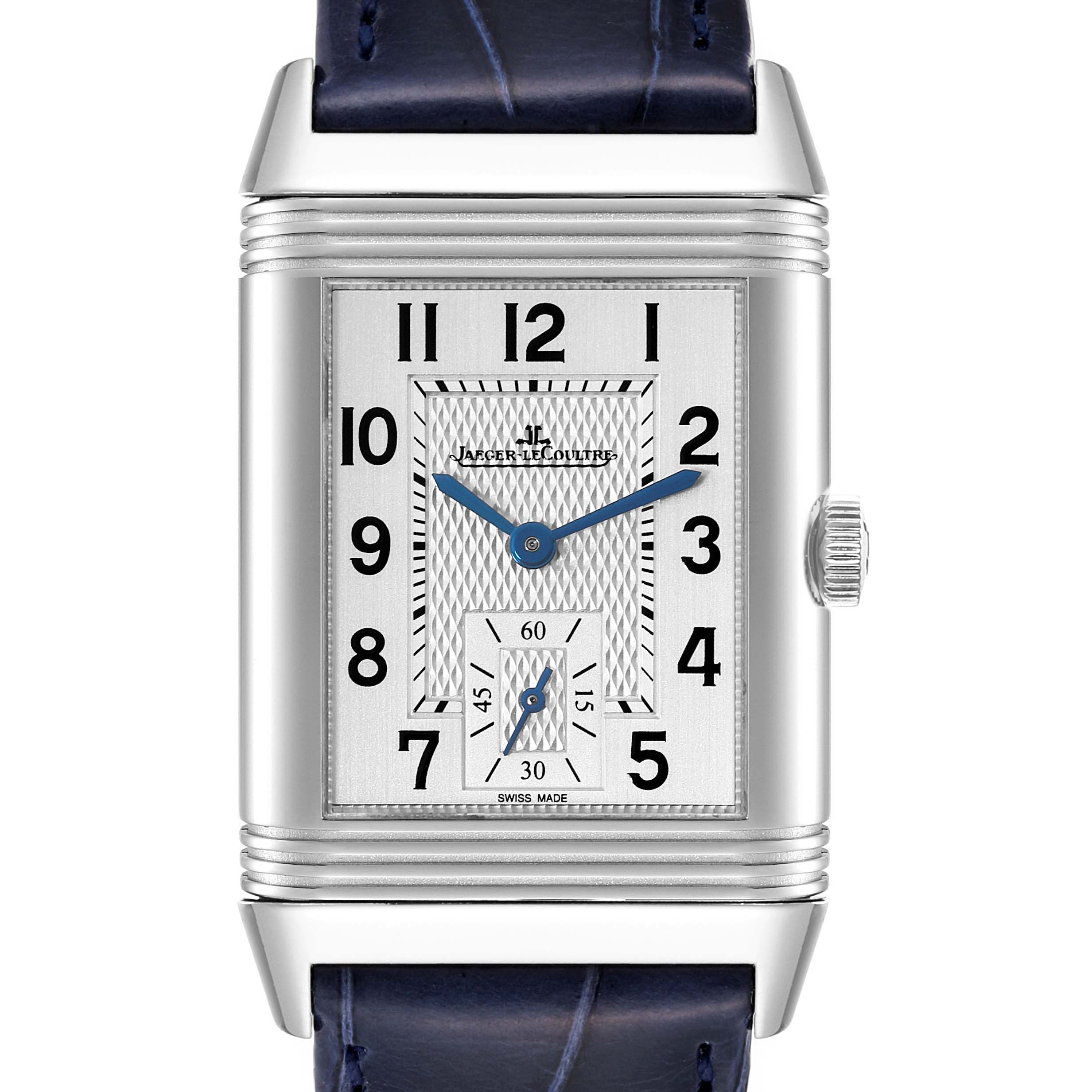 This image shows a front view of a Jaeger-LeCoultre Reverso watch, highlighting its dial, casing, and crown.