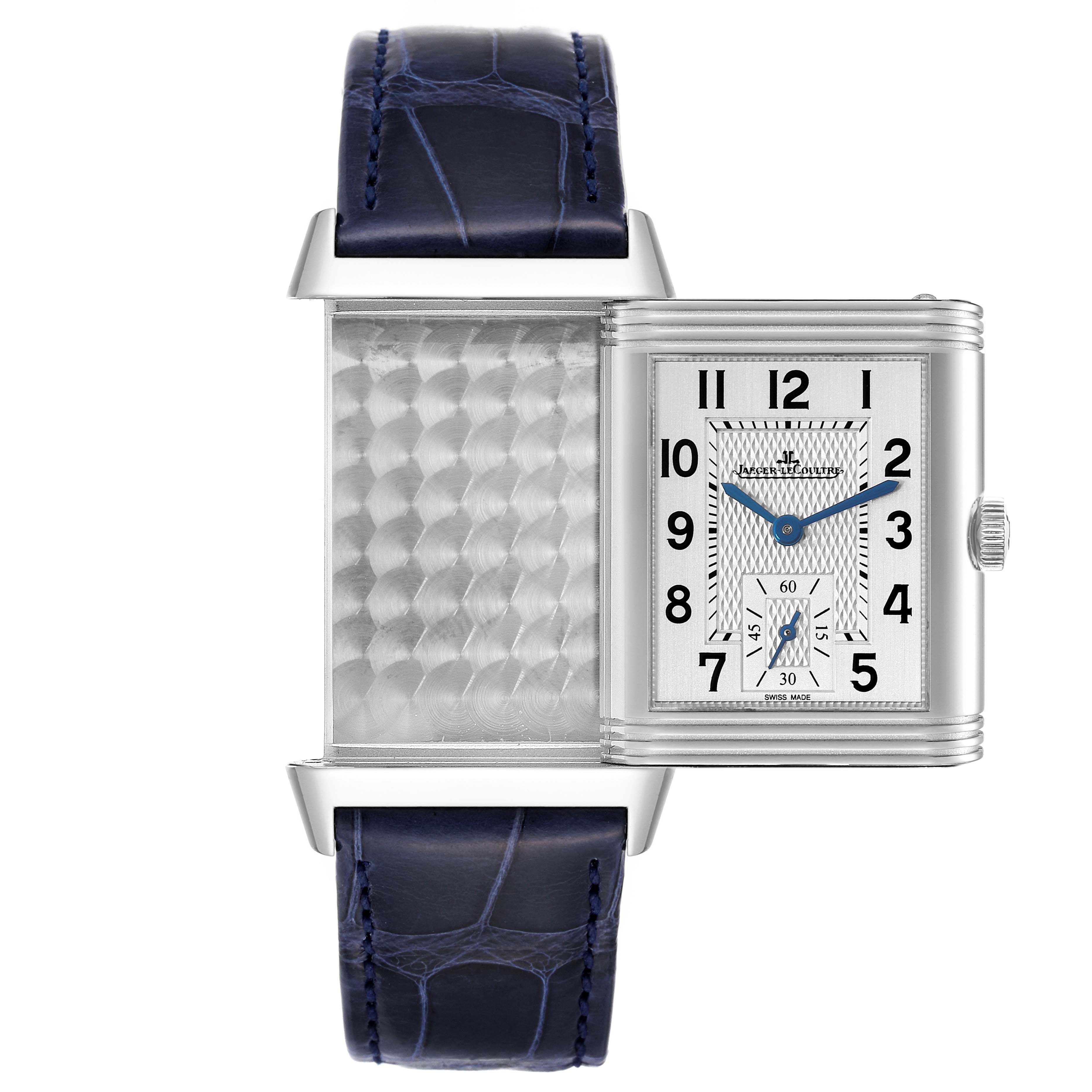 The image shows a Jaeger LeCoultre Reverso Q3848420 Men's Stainless Steel Silver Dial Q3848420 Men's Stainless Steel Silver Dial watch at a front angle, highlighting its case-swivel feature and dial design.