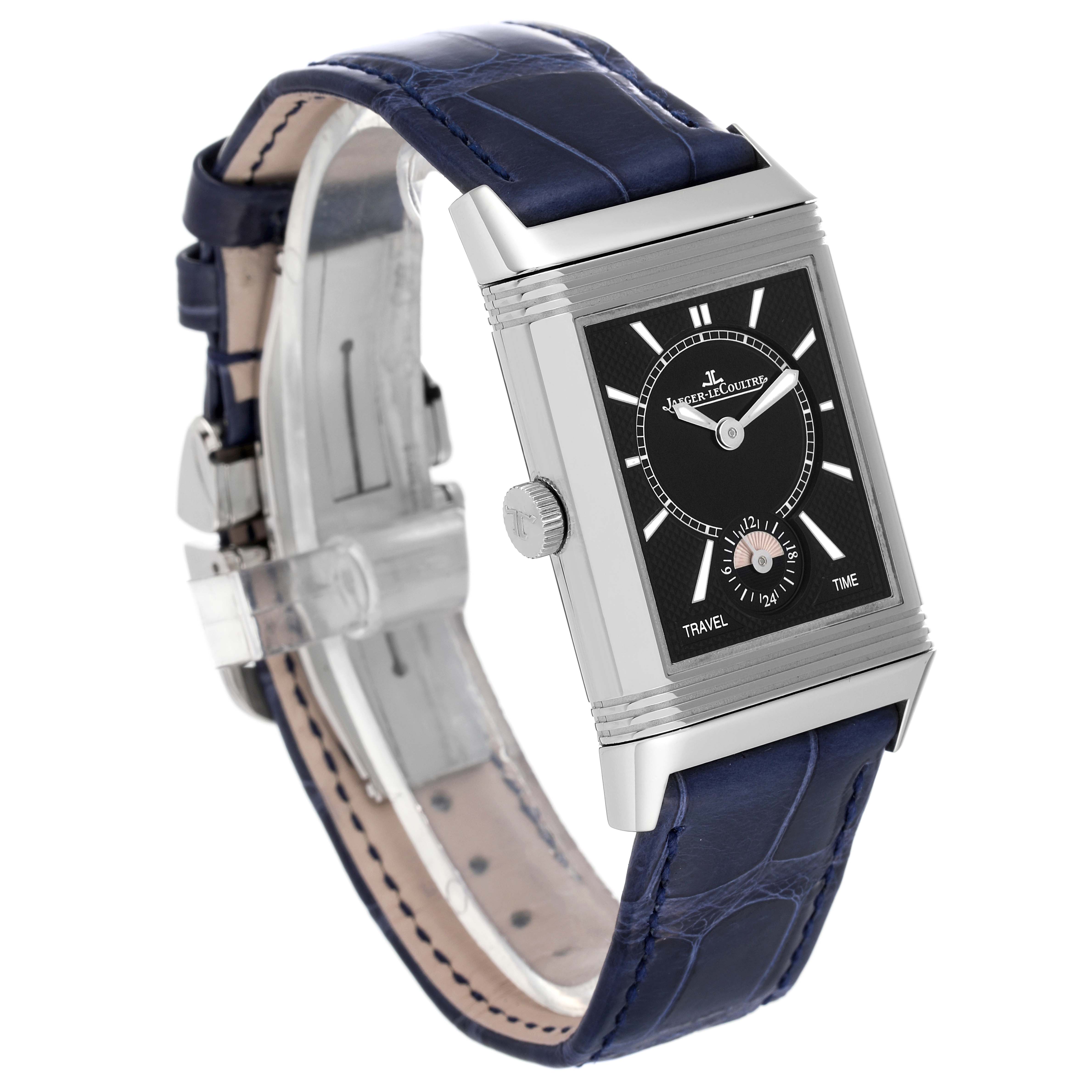 The image shows a front-left angled view of a Jaeger LeCoultre Reverso Q3848420 Men's Stainless Steel Silver Dial Q3848420 Men's Stainless Steel Silver Dial watch, featuring a blue leather strap and black dial.