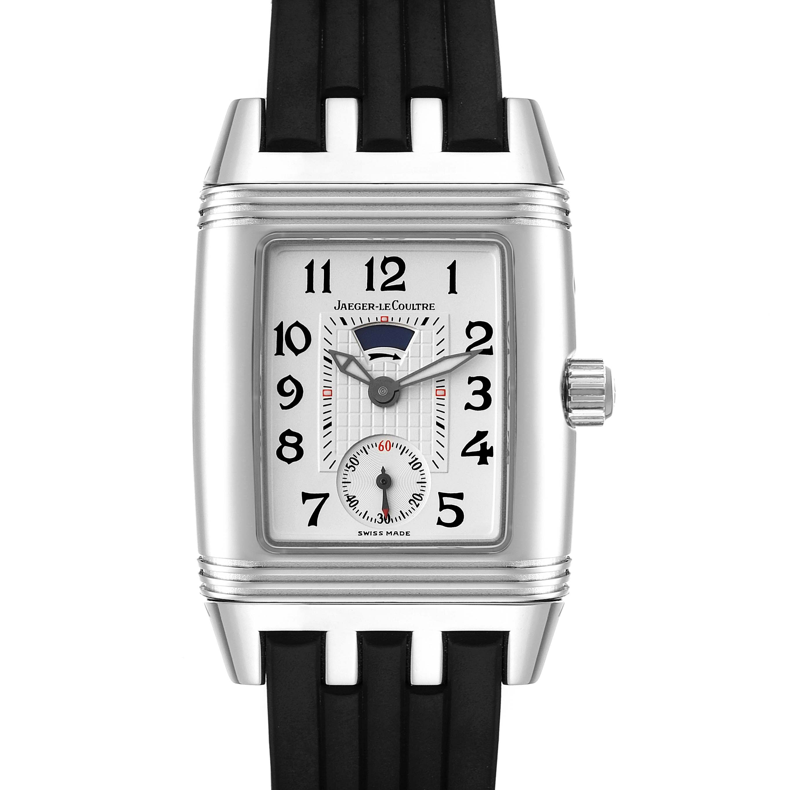 This Jaeger LeCoultre Reverso 296.8.74 Women's Stainless Steel Silver Dial 296.8.74 Women's Stainless Steel Silver Dial model watch is shown head-on, displaying the face, case, crown, and part of the rubber strap.