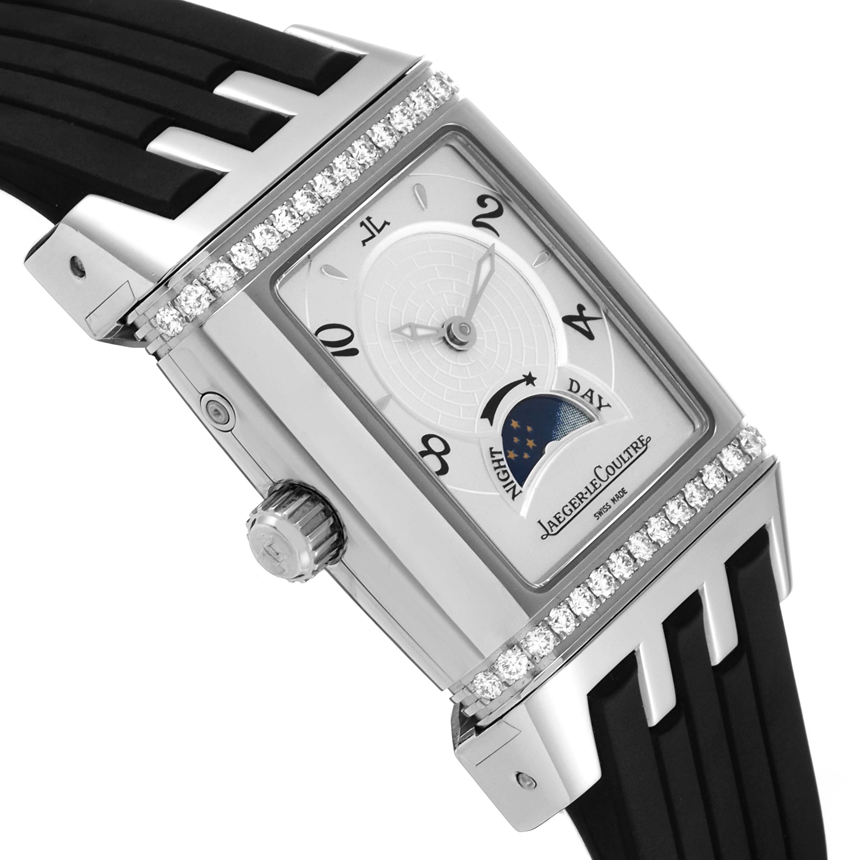 The image shows a close-up, angled view of a Jaeger LeCoultre Reverso 296.8.74 Women's Stainless Steel Silver Dial 296.8.74 Women's Stainless Steel Silver Dial watch, highlighting the face, crown, and part of the strap.