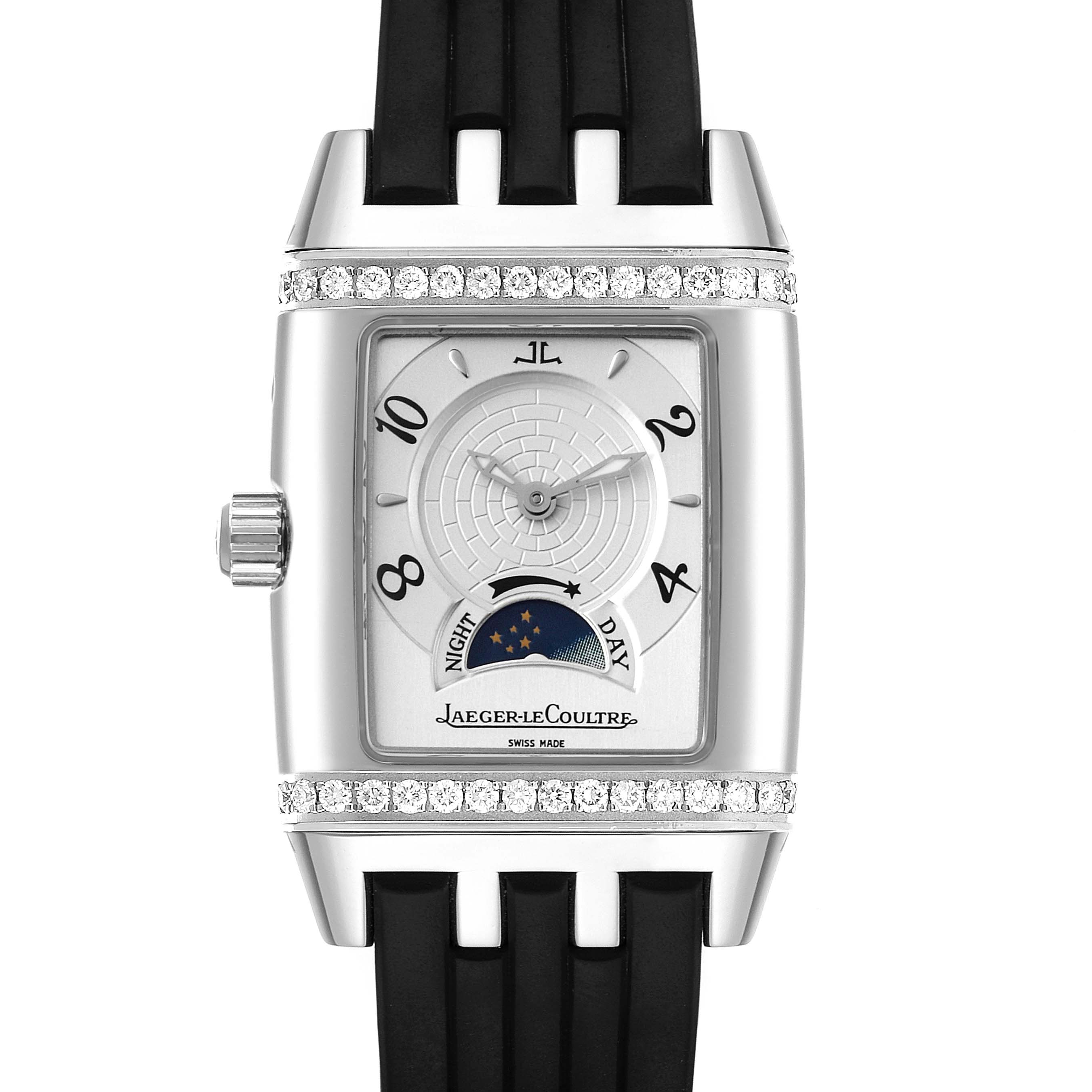 Front view of the Jaeger LeCoultre Reverso 296.8.74 Women's Stainless Steel Silver Dial 296.8.74 Women's Stainless Steel Silver Dial watch, showing the dial, crown, day/night indicator, and part of the strap.