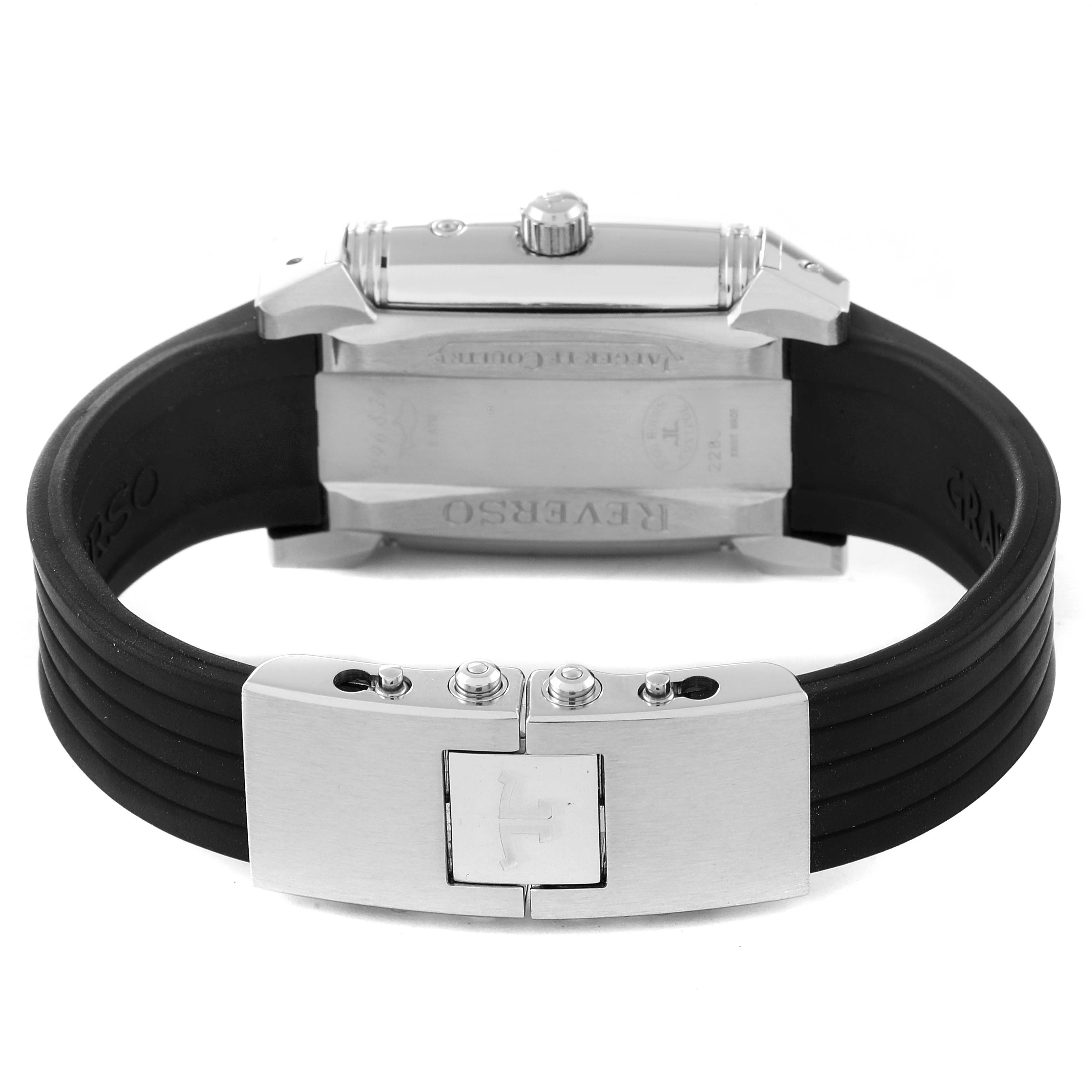 This image shows the back view of the Jaeger-LeCoultre Reverso watch, highlighting its clasp and rubber strap.