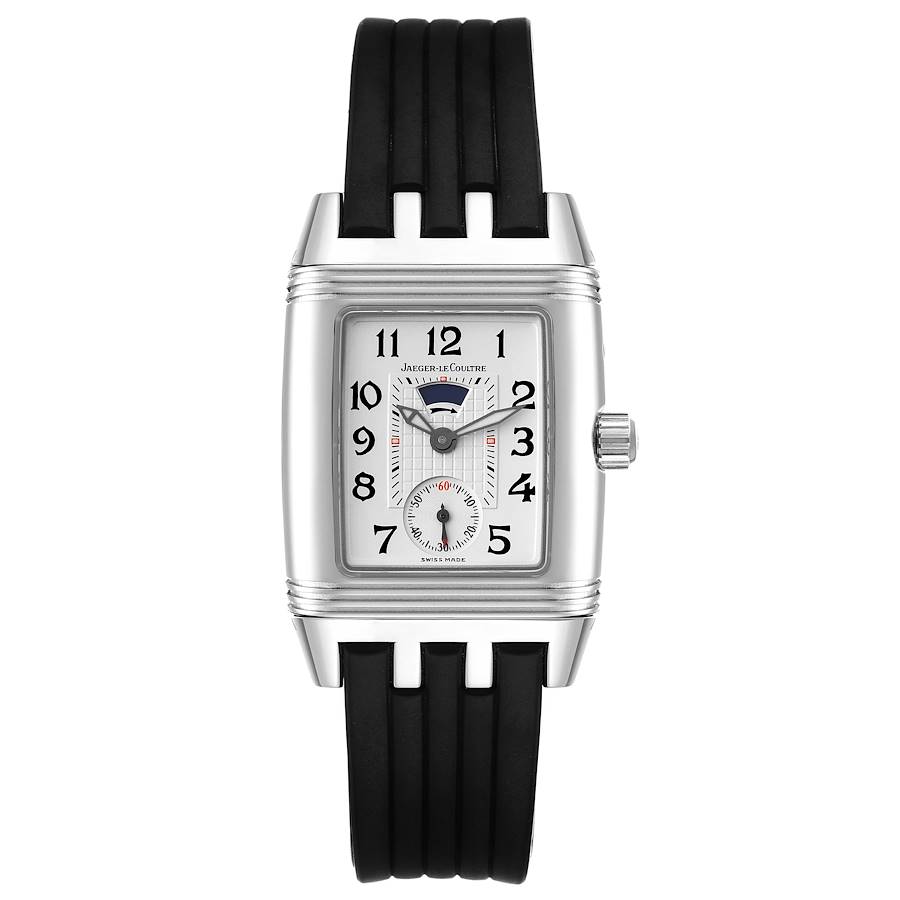 The image shows a head-on view of the Jaeger-LeCoultre Reverso watch, including its dial, case, crown, and strap.