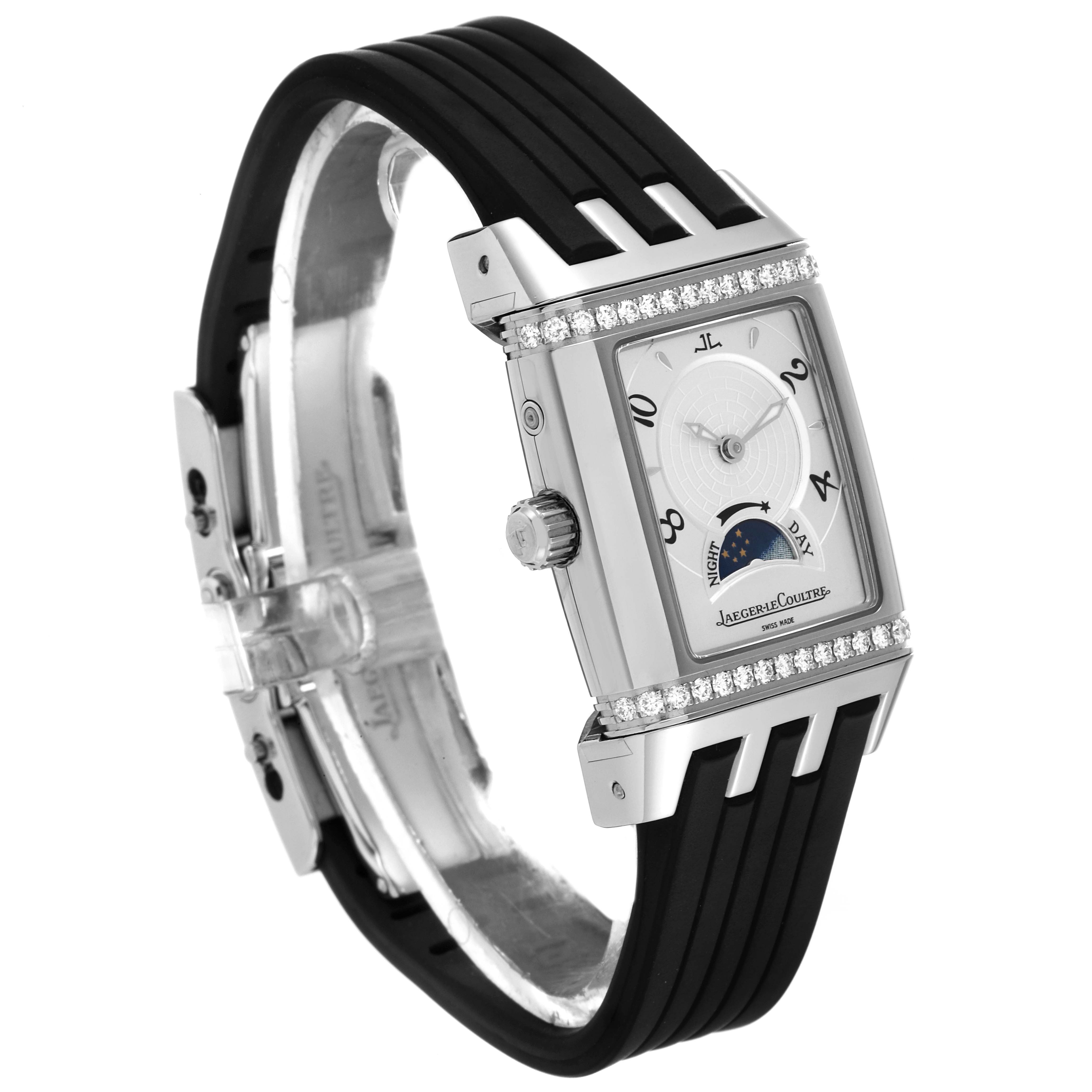 The Jaeger LeCoultre Reverso 296.8.74 Women's Stainless Steel Silver Dial 296.8.74 Women's Stainless Steel Silver Dial watch is shown at a slight angle from the right side, displaying the dial, bezel, strap, and crown.