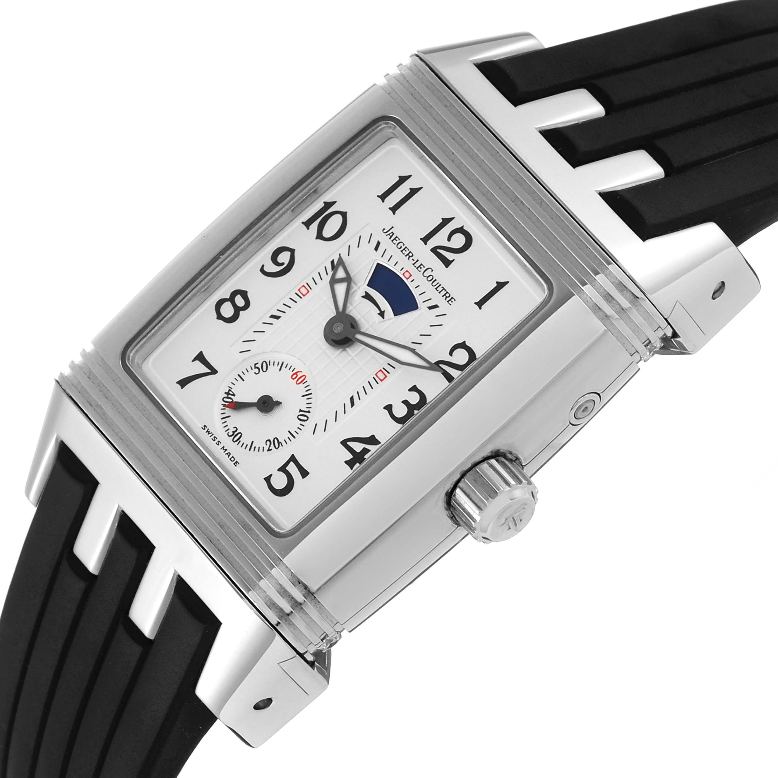 The Jaeger LeCoultre Reverso 296.8.74 Women's Stainless Steel Silver Dial 296.8.74 Women's Stainless Steel Silver Dial watch is shown at a slight angle, highlighting the face, crown, and part of the strap.
