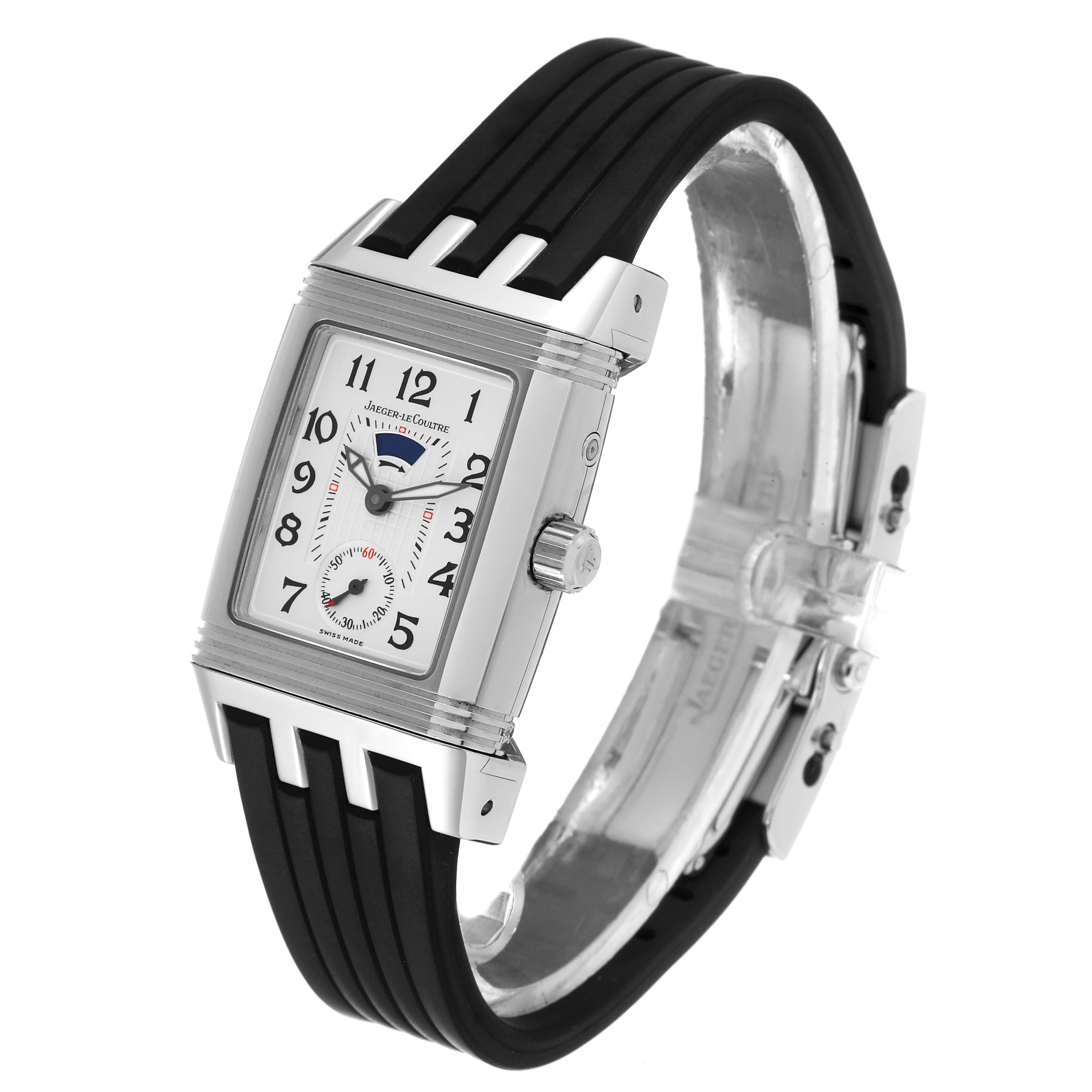The image shows a Jaeger LeCoultre Reverso 296.8.74 Women's Stainless Steel Silver Dial 296.8.74 Women's Stainless Steel Silver Dial watch from an angled side view, highlighting the case, dial, crown, and strap.