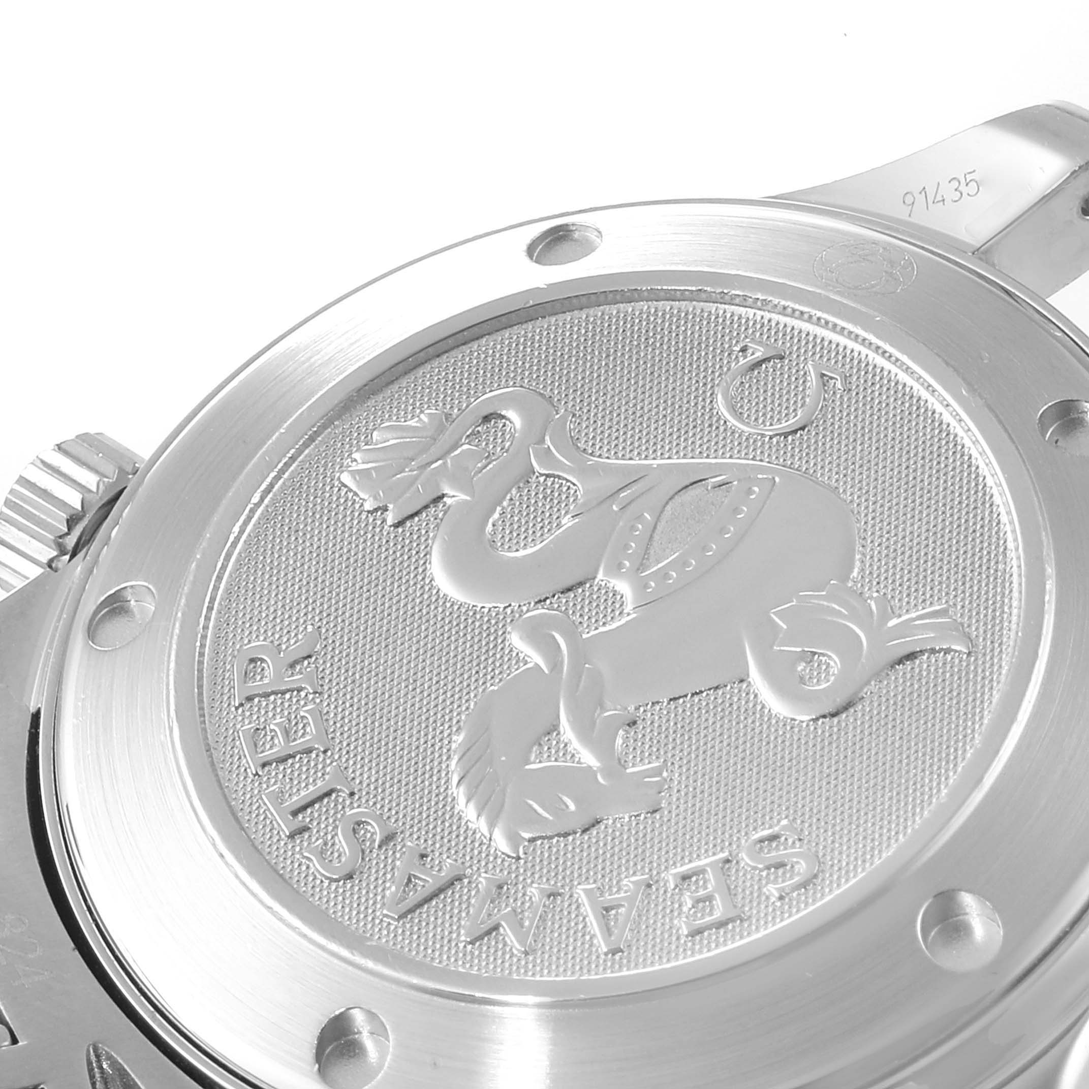 The image shows the case back of an Omega Seamaster 2223.80.00 Men's Stainless Steel Blue Dial 2223.80.00 Men's Stainless Steel Blue Dial watch, featuring its engraved logo and serial number.