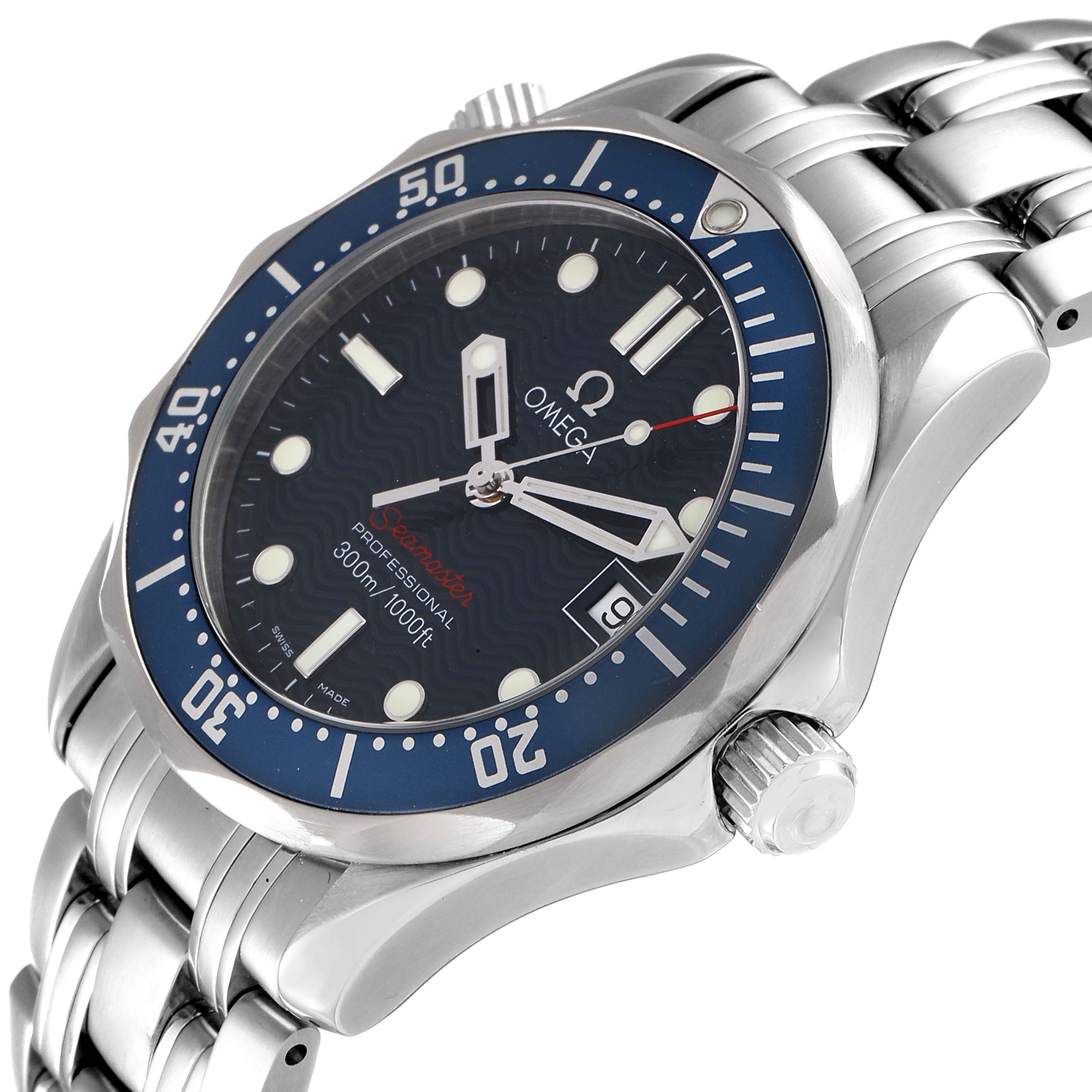 The image shows a side angle of the Omega Seamaster 2223.80.00 Men's Stainless Steel Blue Dial 2223.80.00 Men's Stainless Steel Blue Dial watch, highlighting its face, bezel, crown, and part of the bracelet.