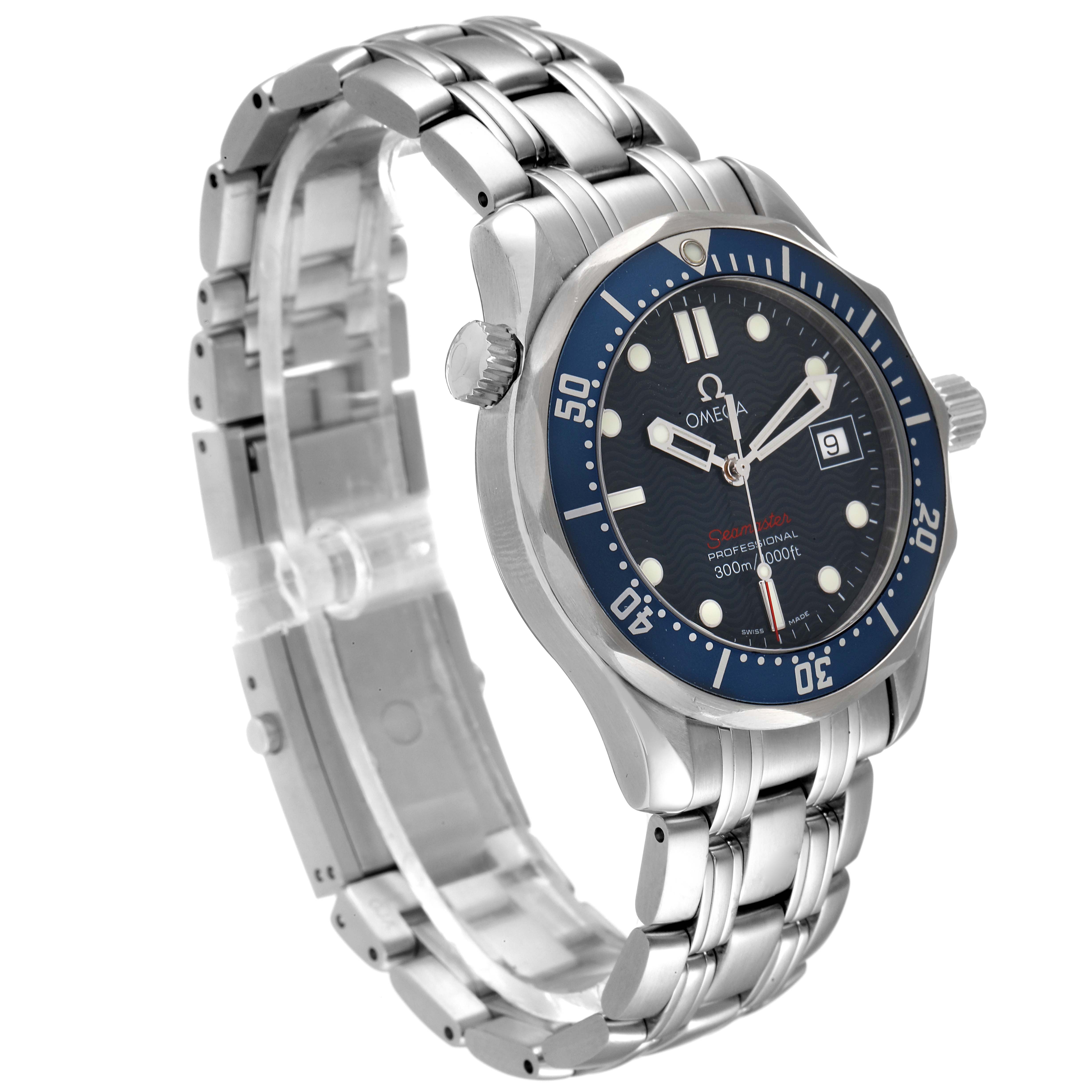The Omega Seamaster 2223.80.00 Men's Stainless Steel Blue Dial 2223.80.00 Men's Stainless Steel Blue Dial watch is shown at a three-quarter angle, highlighting its face, bezel, dial, and metal bracelet.