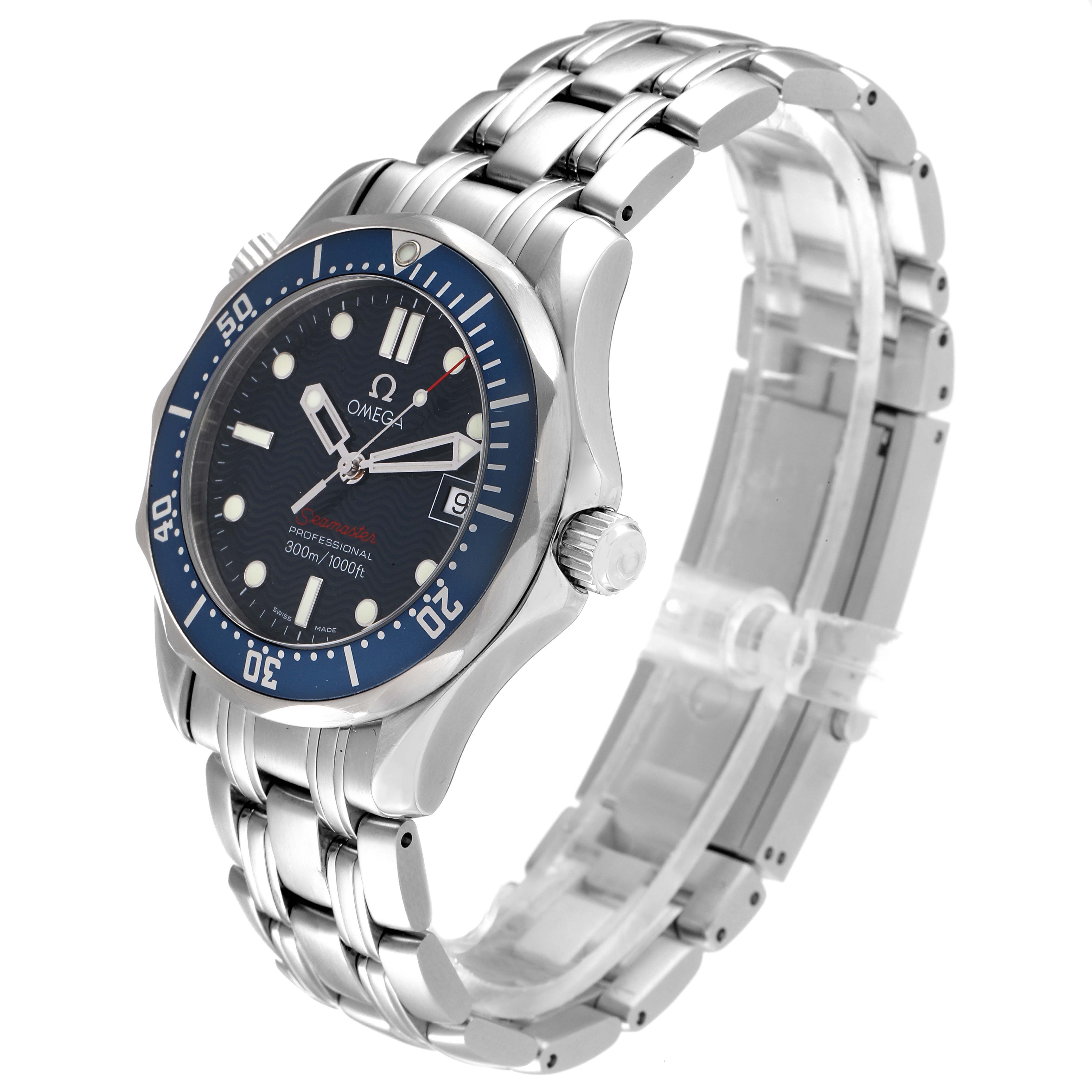The Omega Seamaster 2223.80.00 Men's Stainless Steel Blue Dial 2223.80.00 Men's Stainless Steel Blue Dial watch is shown at an angled top-side view, displaying the face, bezel, crown, and metal bracelet.