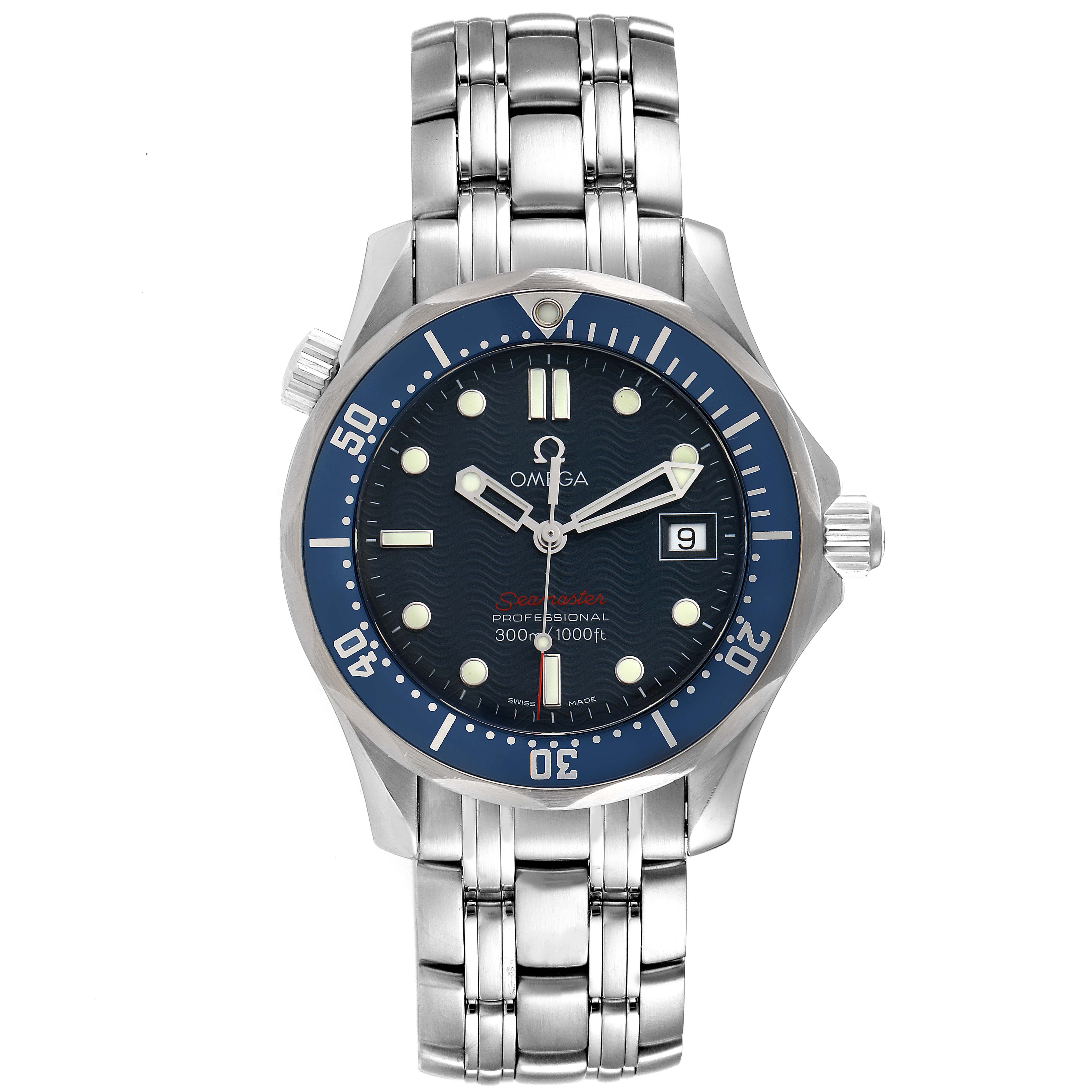 The image shows a front angle of an Omega Seamaster 2223.80.00 Men's Stainless Steel Blue Dial 2223.80.00 Men's Stainless Steel Blue Dial watch, featuring its dial, bezel, bracelet, and crown.