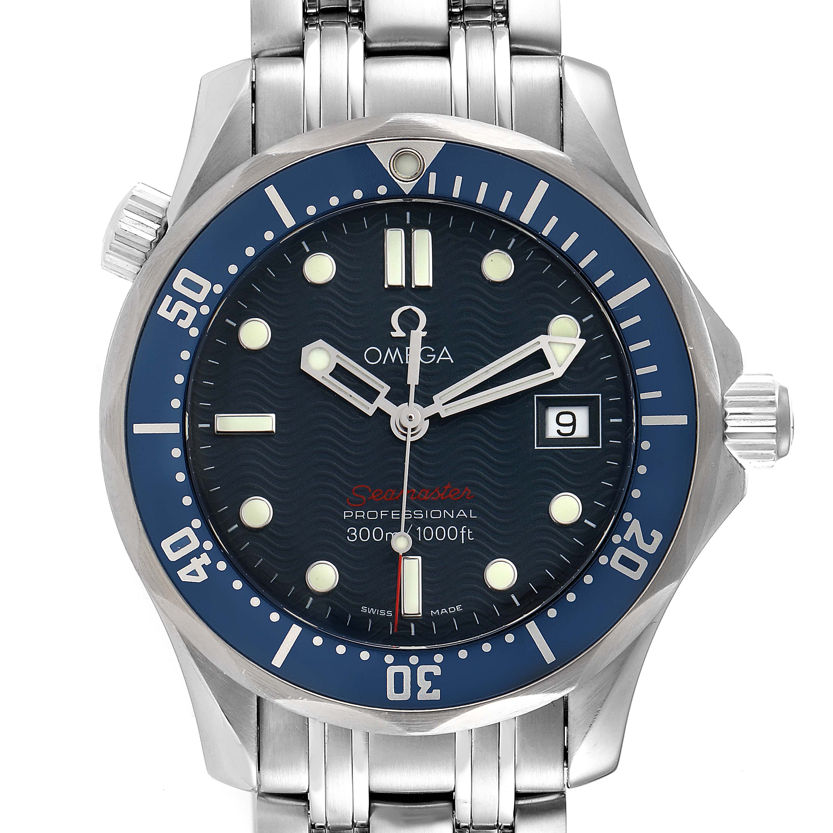 The Omega Seamaster 2223.80.00 Men's Stainless Steel Blue Dial 2223.80.00 Men's Stainless Steel Blue Dial model watch is shown from a frontal angle, displaying its dial, bezel, crown, and part of the bracelet.