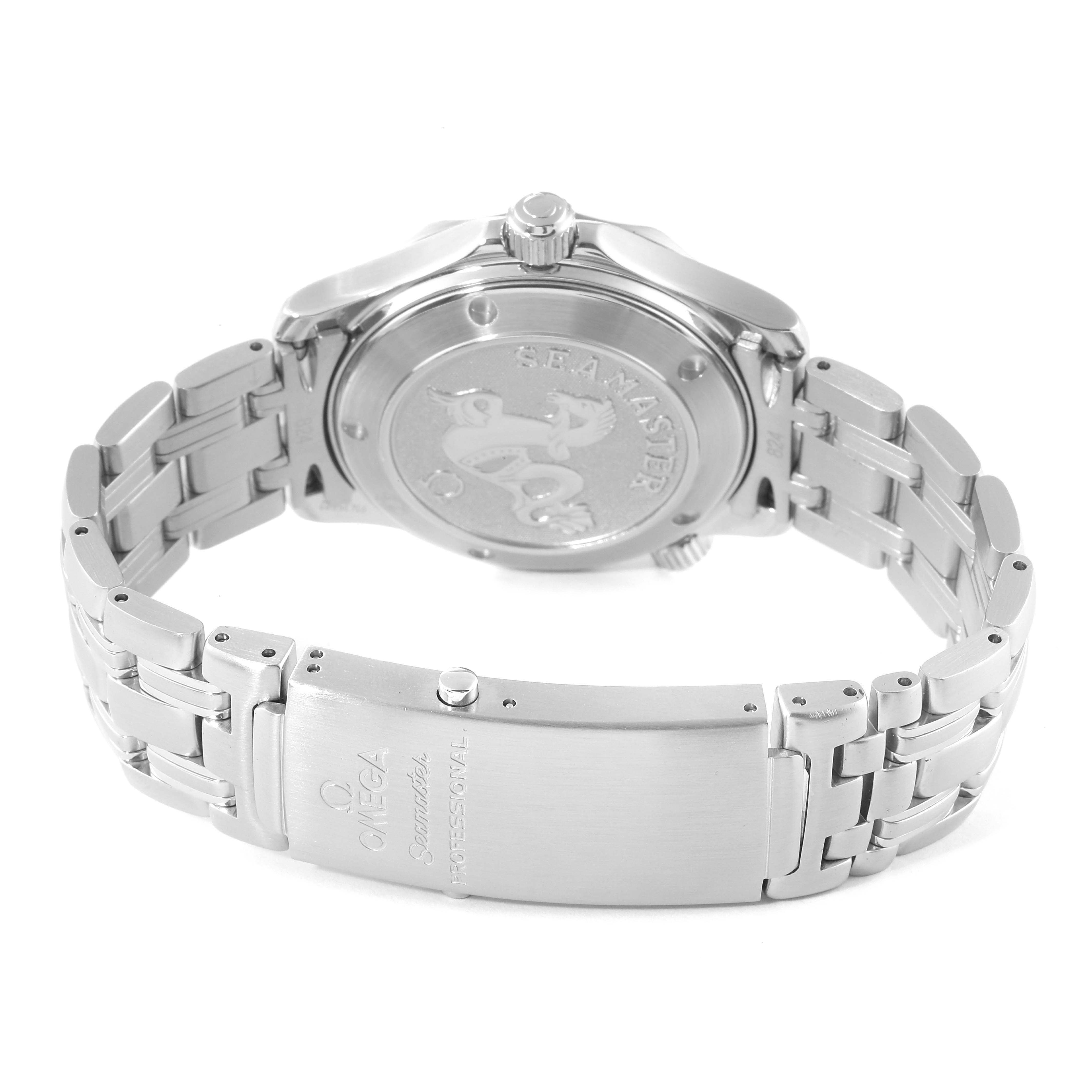 The image shows the back case and bracelet of the Omega Seamaster 2223.80.00 Men's Stainless Steel Blue Dial 2223.80.00 Men's Stainless Steel Blue Dial featuring the engraved case back and clasp.