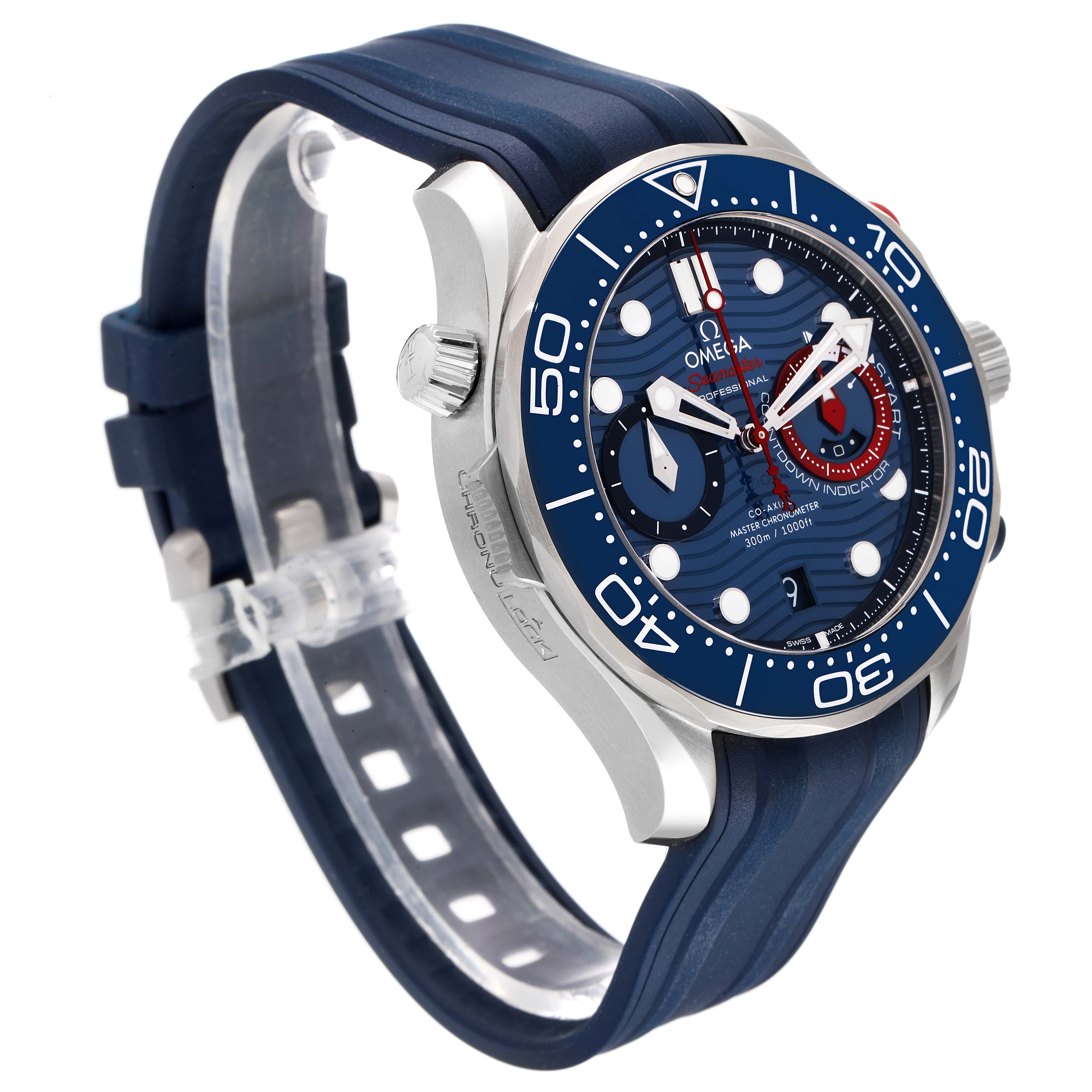 The image shows an Omega Seamaster 210.30.44.51.03.002 Men's Stainless Steel Blue Dial 210.30.44.51.03.002 Men's Stainless Steel Blue Dial watch from an angled side view displaying the dial, bezel, crown, and rubber strap.