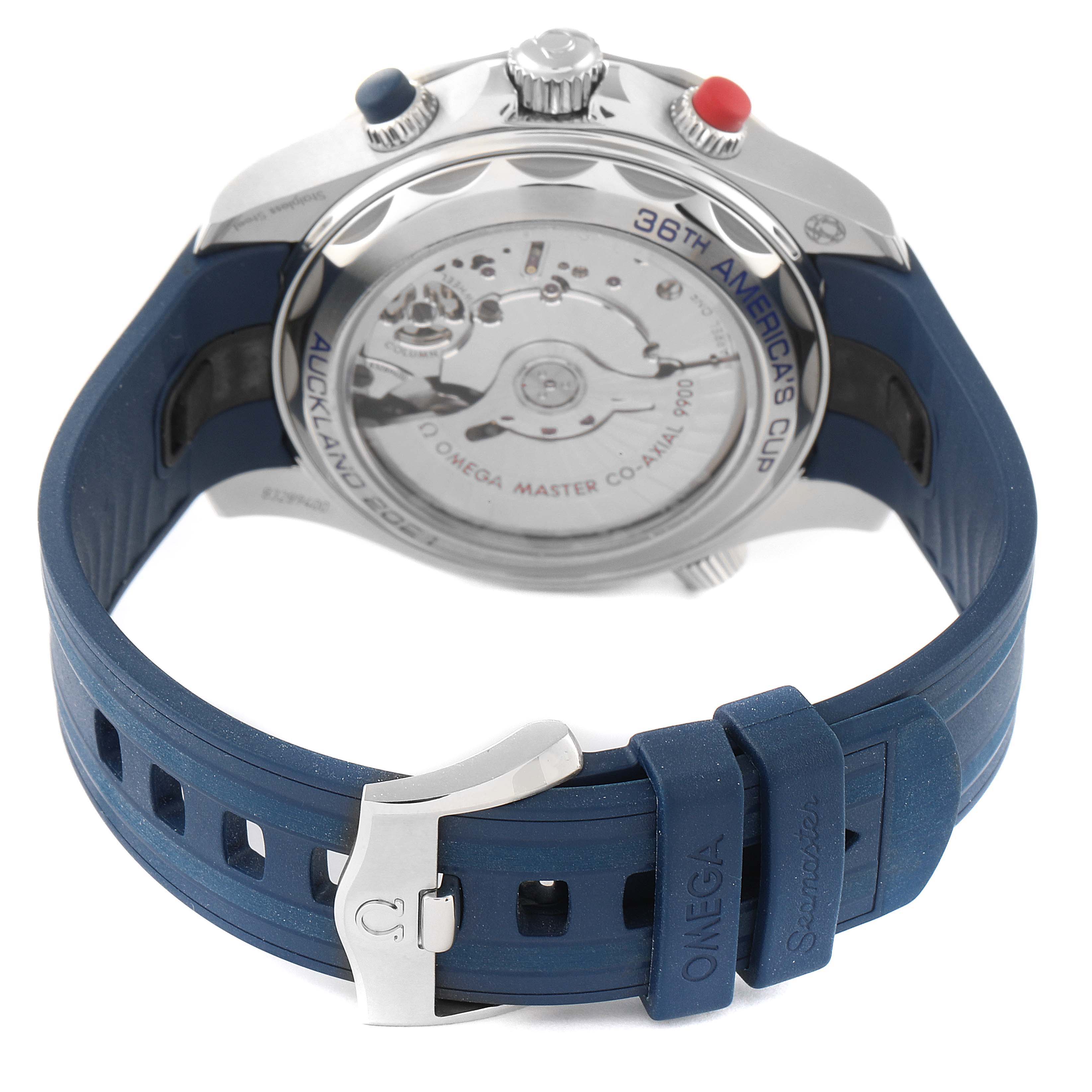 The Omega Seamaster 210.30.44.51.03.002 Men's Stainless Steel Blue Dial 210.30.44.51.03.002 Men's Stainless Steel Blue Dial watch is shown from the back, displaying its movement and blue rubber strap with buckle.