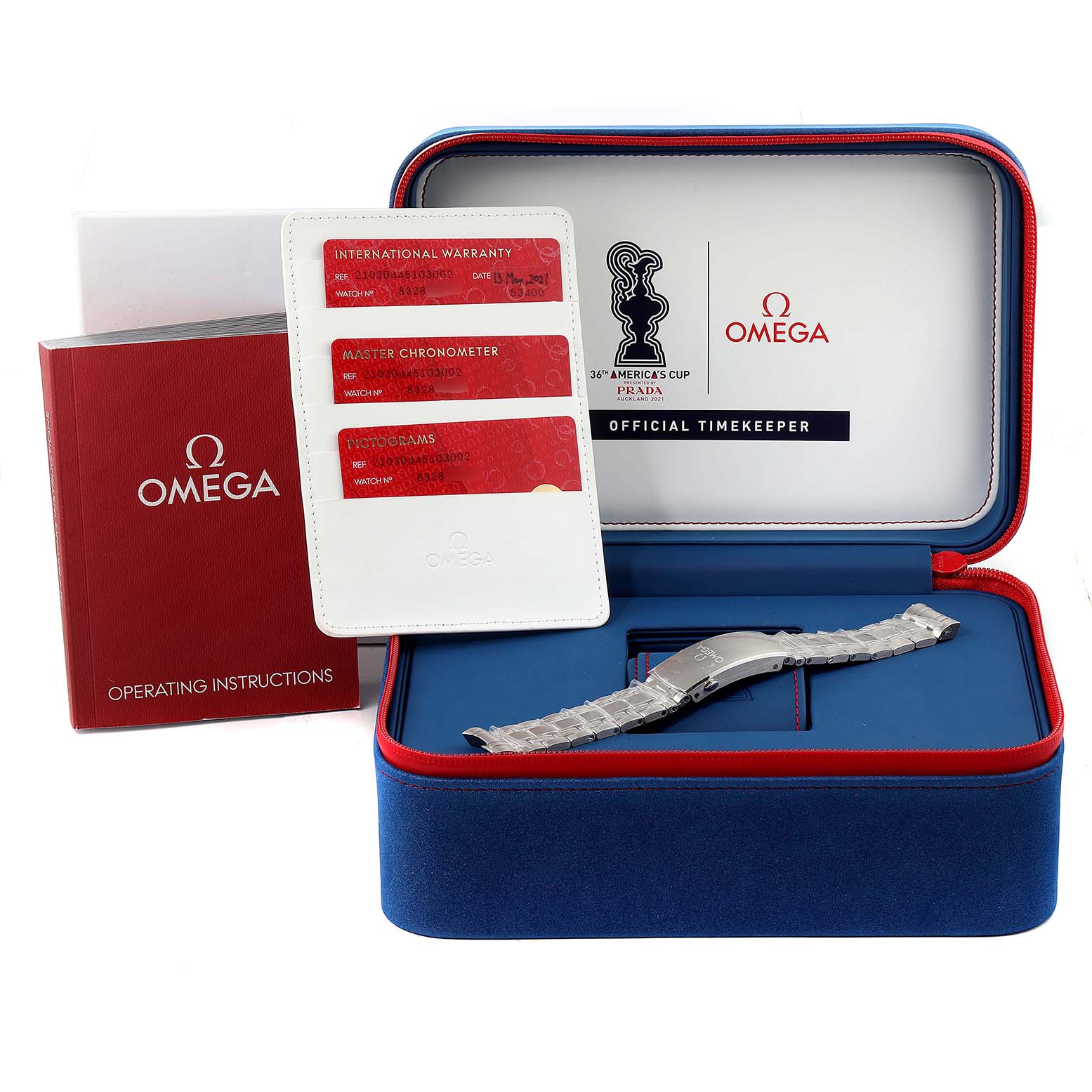 The image shows the Omega Seamaster 210.30.44.51.03.002 Men's Stainless Steel Blue Dial 210.30.44.51.03.002 Men's Stainless Steel Blue Dial watch's open case, strap, warranty cards, and operating instructions.