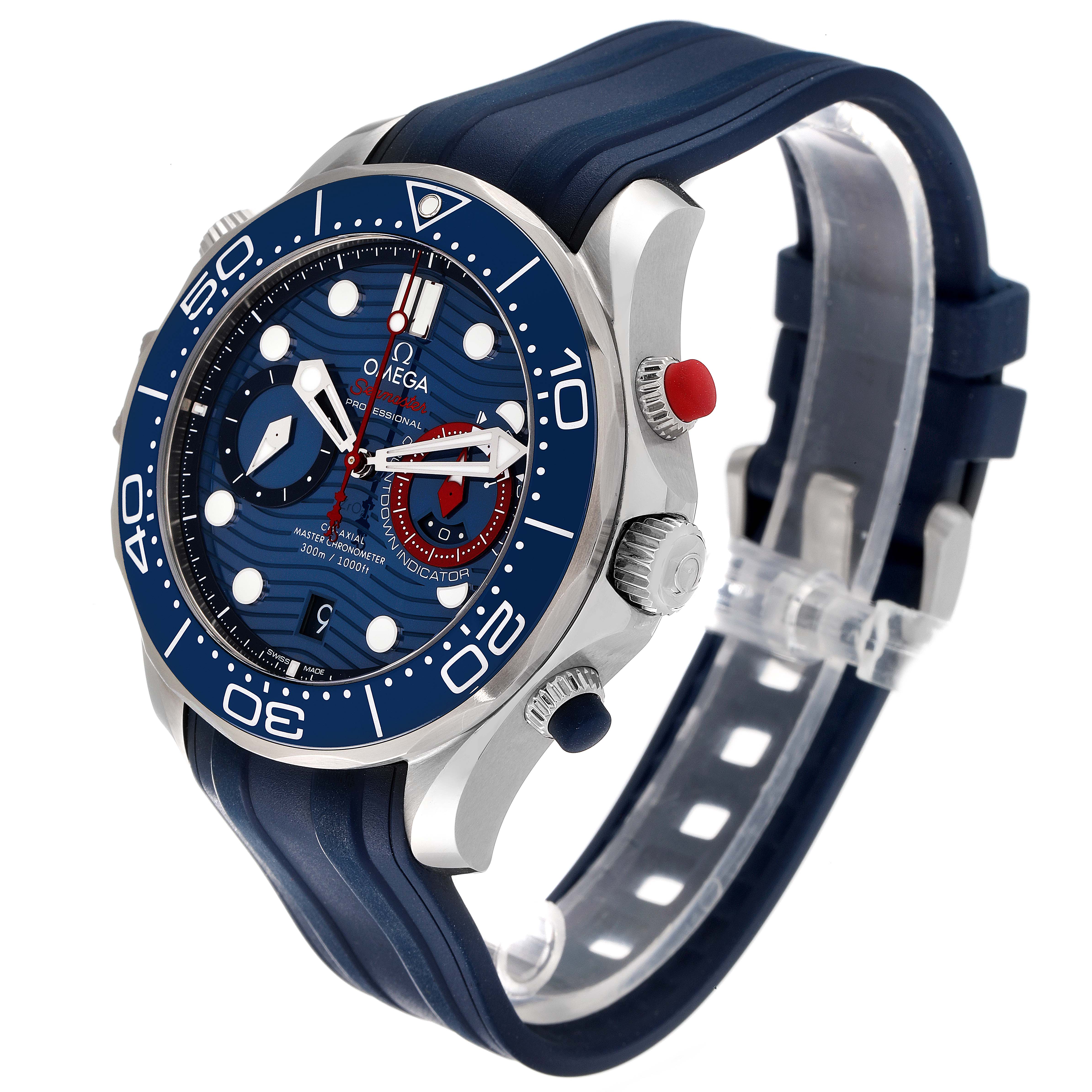 The image shows a side and angled view of an Omega Seamaster 210.30.44.51.03.002 Men's Stainless Steel Blue Dial 210.30.44.51.03.002 Men's Stainless Steel Blue Dial watch, highlighting the bezel, dial, pushers, and rubber strap.