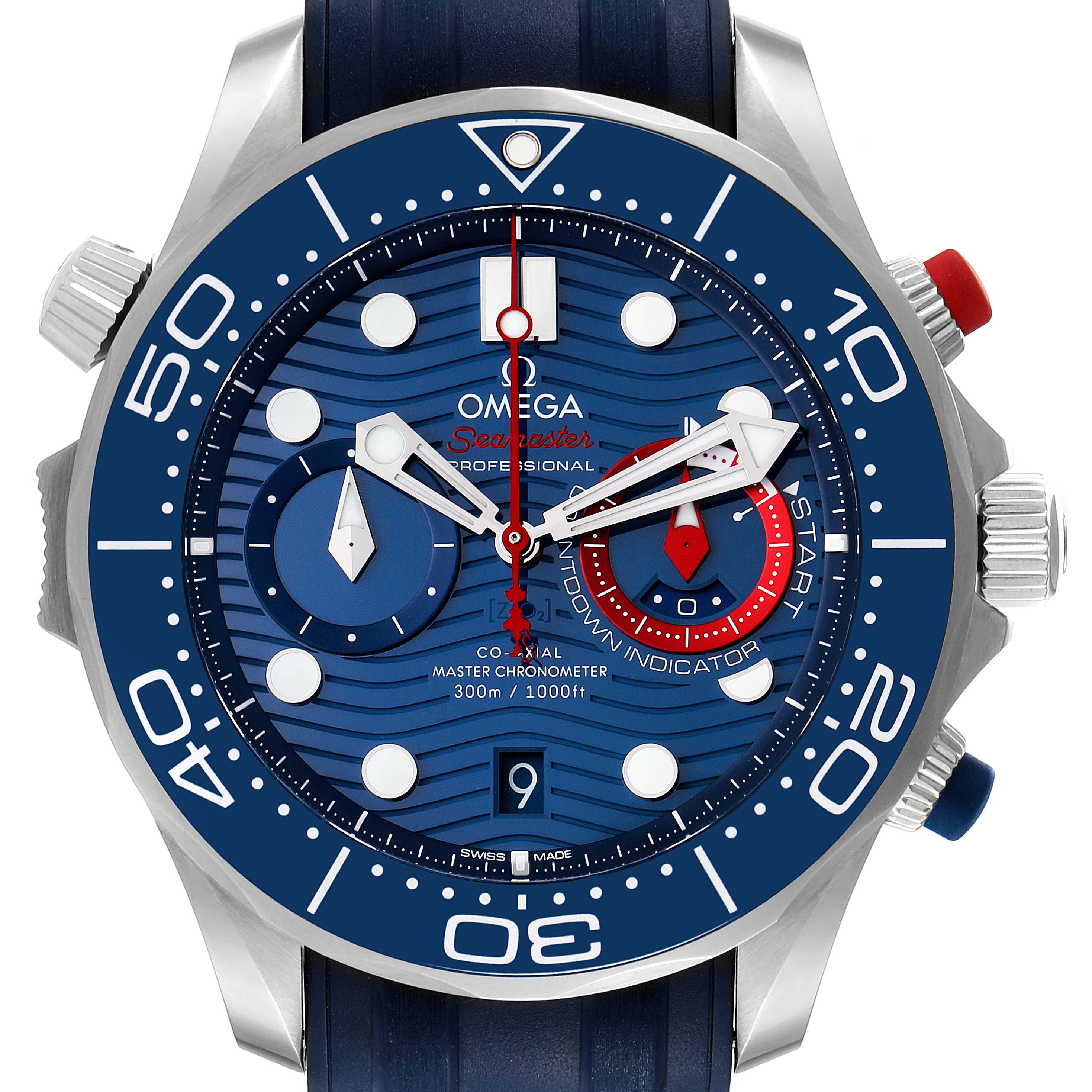 The image shows the front view of the Omega Seamaster 210.30.44.51.03.002 Men's Stainless Steel Blue Dial 210.30.44.51.03.002 Men's Stainless Steel Blue Dial watch, highlighting its blue dial, bezel, and rubber strap.