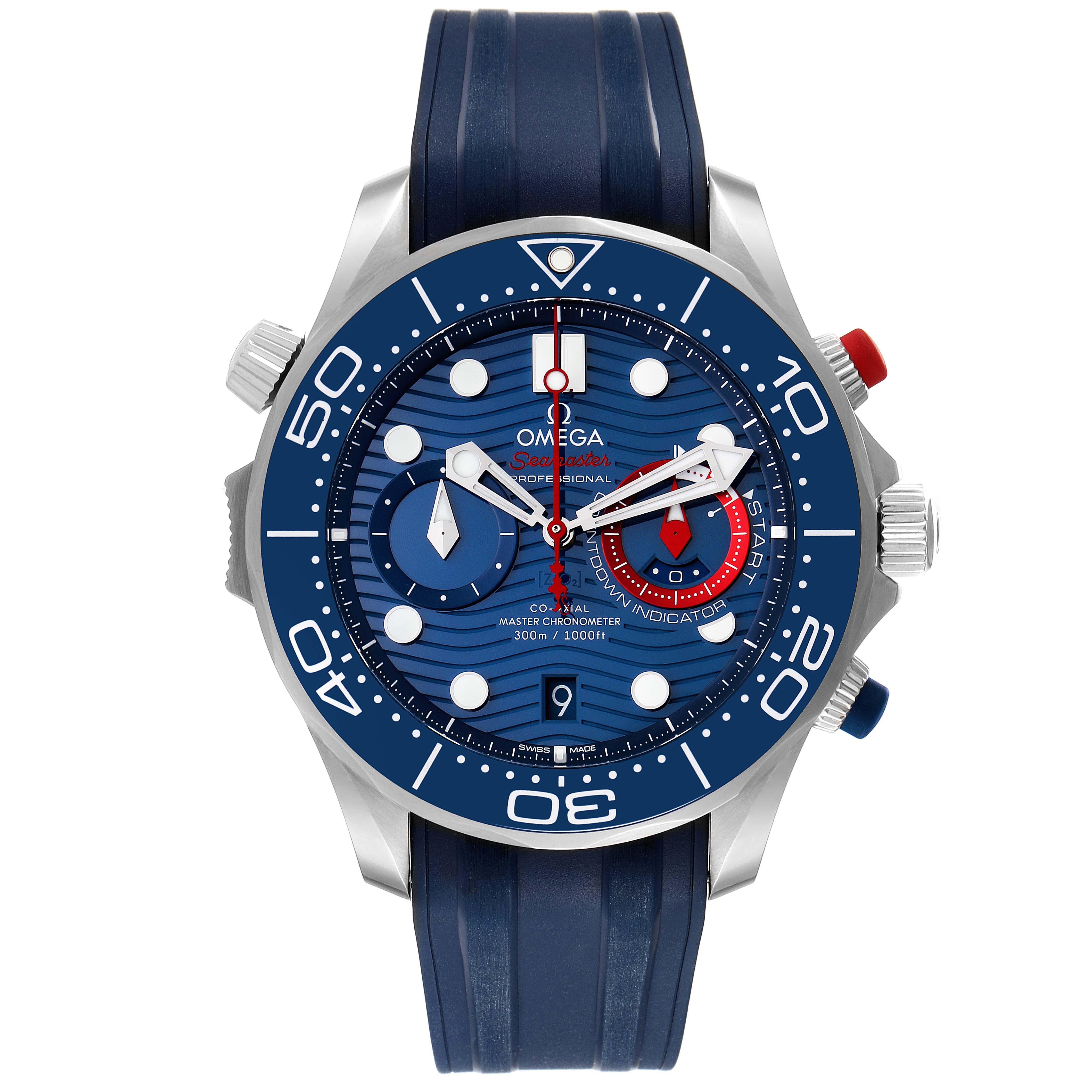 The image shows a full frontal view of the Omega Seamaster 210.30.44.51.03.002 Men's Stainless Steel Blue Dial 210.30.44.51.03.002 Men's Stainless Steel Blue Dial watch, showcasing its dial, bezel, and rubber strap.