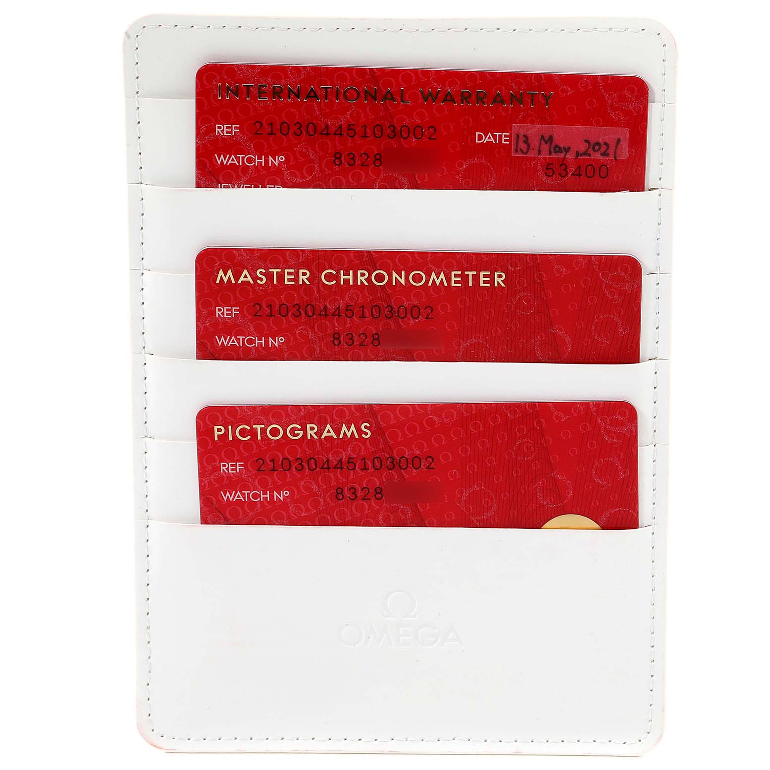 The image shows three Omega Seamaster 210.30.44.51.03.002 Men's Stainless Steel Blue Dial 210.30.44.51.03.002 Men's Stainless Steel Blue Dial model cards for International Warranty, Master Chronometer, and Pictograms in a white holder.