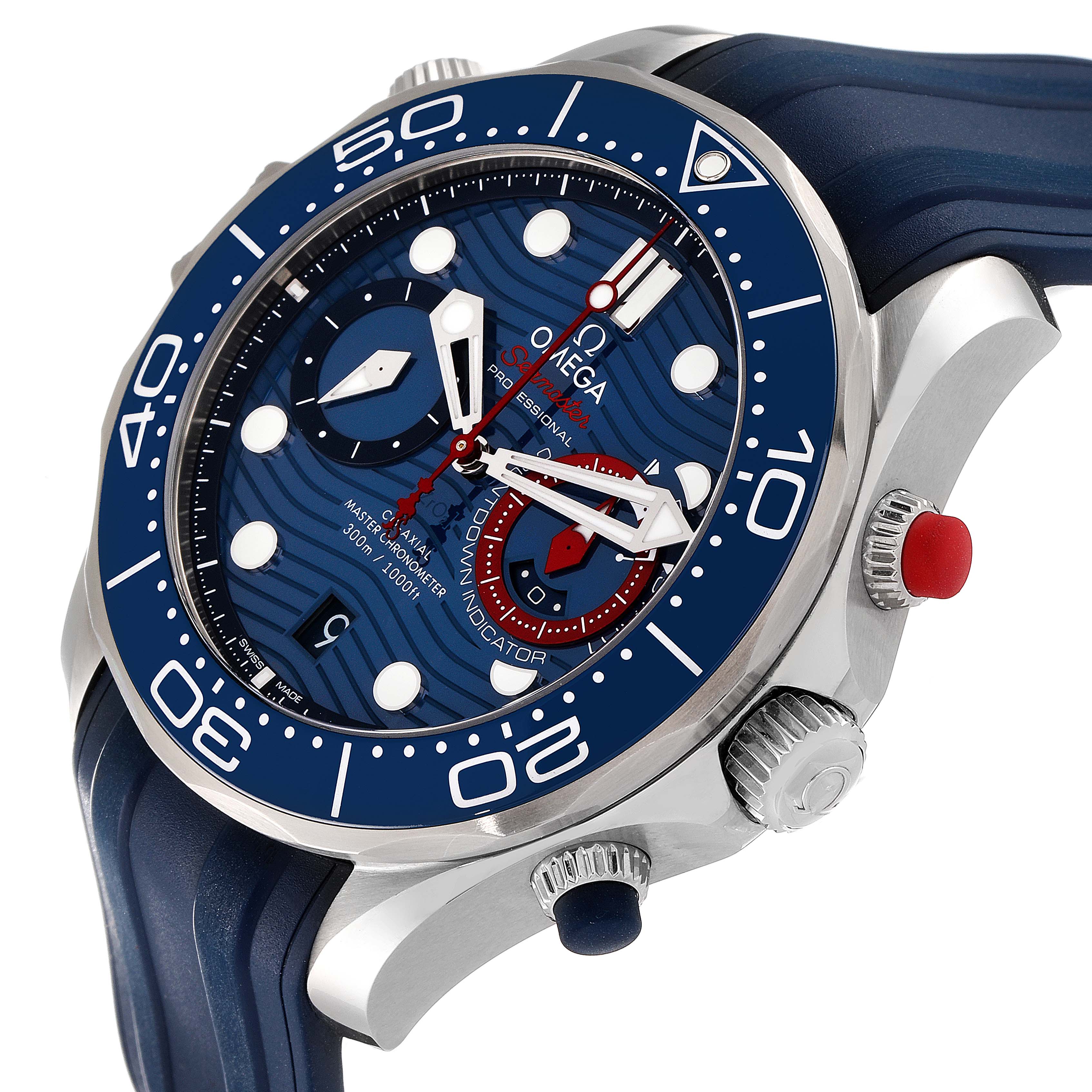 The Omega Seamaster 210.30.44.51.03.002 Men's Stainless Steel Blue Dial 210.30.44.51.03.002 Men's Stainless Steel Blue Dial watch is shown at an angled view, highlighting the dial, bezel, crown, and push-buttons.