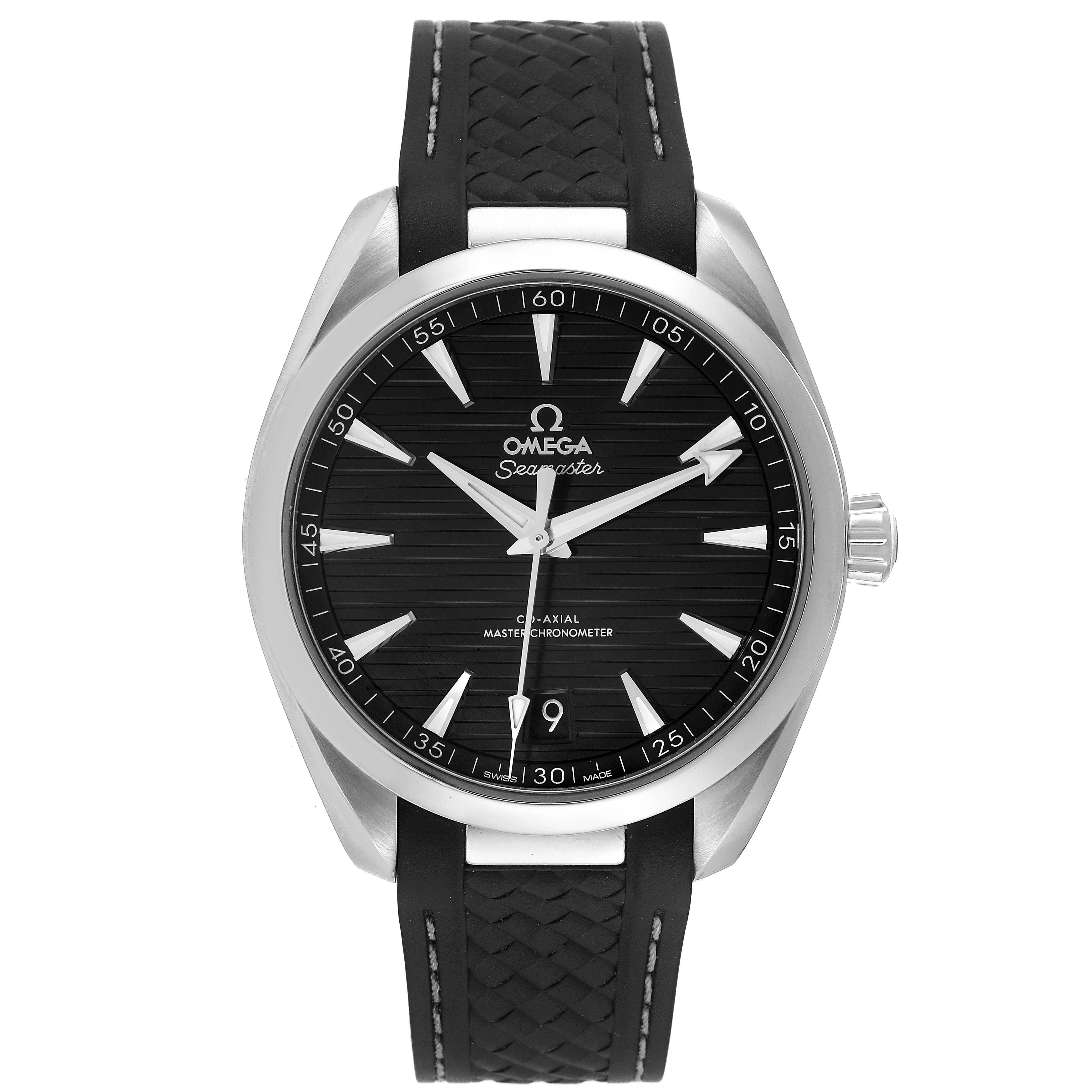 The image shows a front view of the Omega Seamaster Aqua Terra watch, highlighting the dial, bezel, case, and strap.