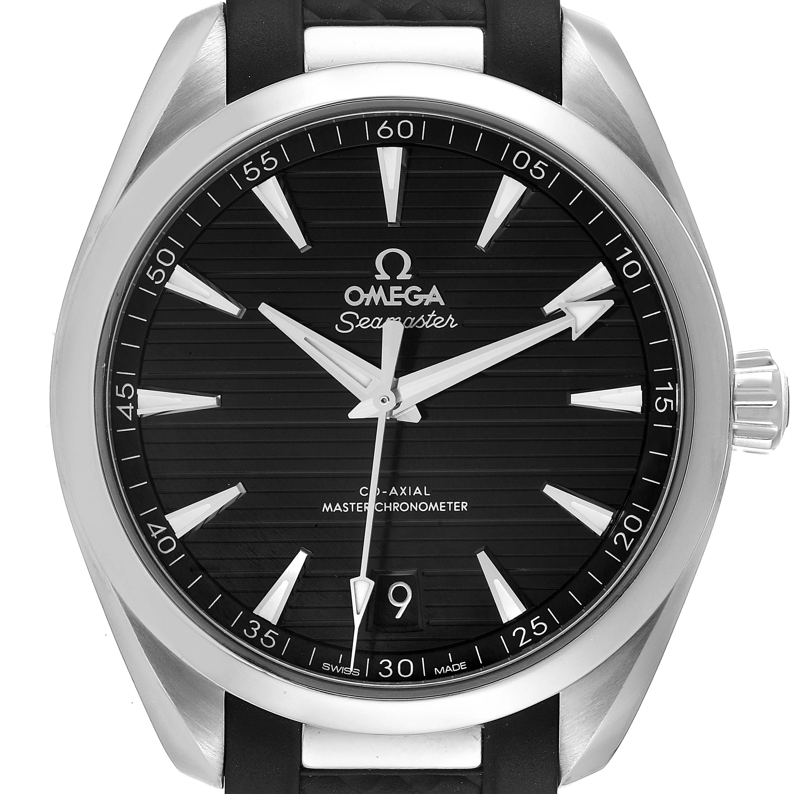 This is a frontal view of the Omega Aqua Terra 220.12.41.21.01.001 Men's Stainless Steel Black Dial 220.12.41.21.01.001 Men's Stainless Steel Black Dial watch, showing the dial, hands, and part of the strap.
