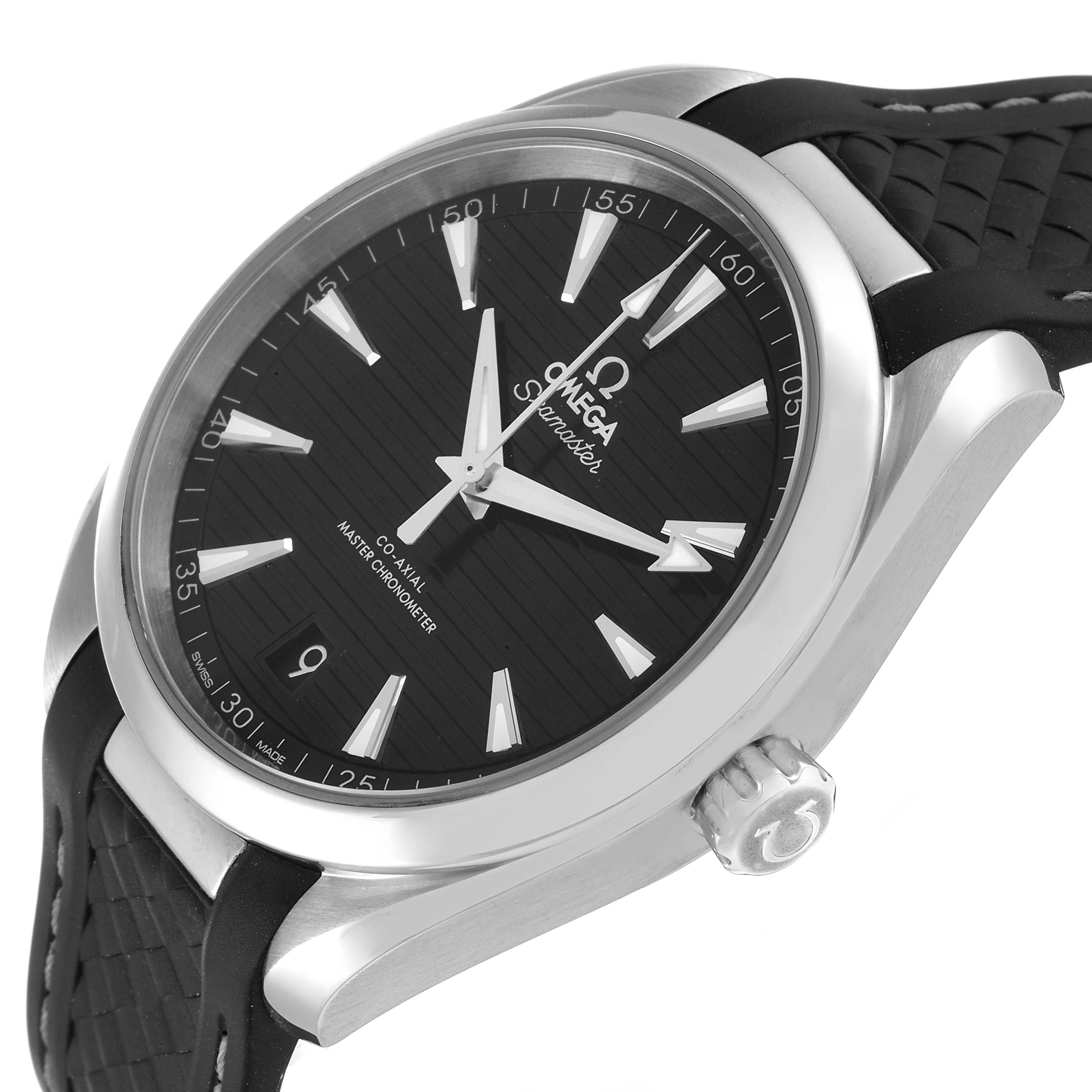 The image shows an angled view of the Omega Aqua Terra 220.12.41.21.01.001 Men's Stainless Steel Black Dial 220.12.41.21.01.001 Men's Stainless Steel Black Dial watch focusing on the dial, bezel, and crown.