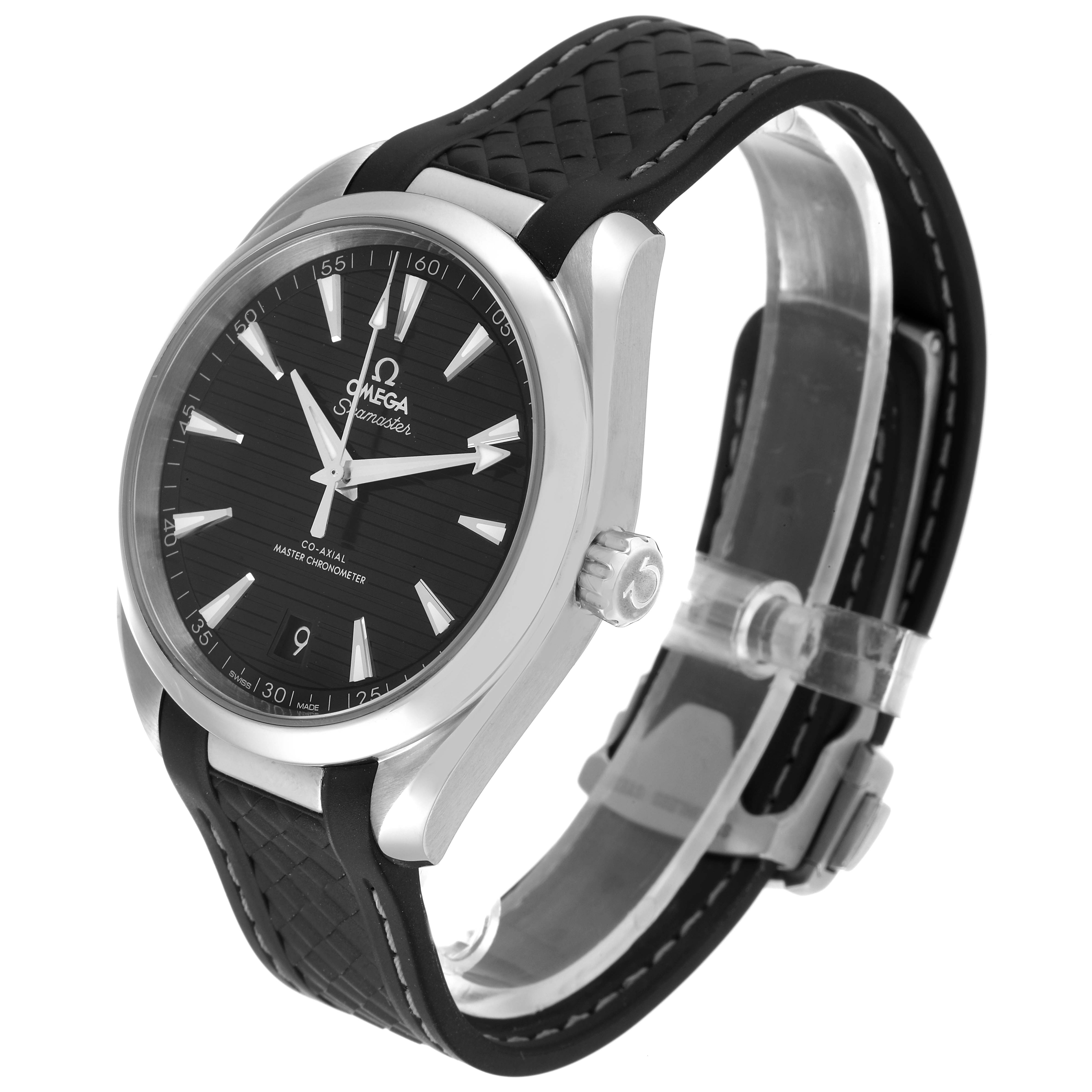 The Omega Aqua Terra 220.12.41.21.01.001 Men's Stainless Steel Black Dial 220.12.41.21.01.001 Men's Stainless Steel Black Dial watch is shown at a three-quarter angle, highlighting the face, bezel, crown, and rubber strap.