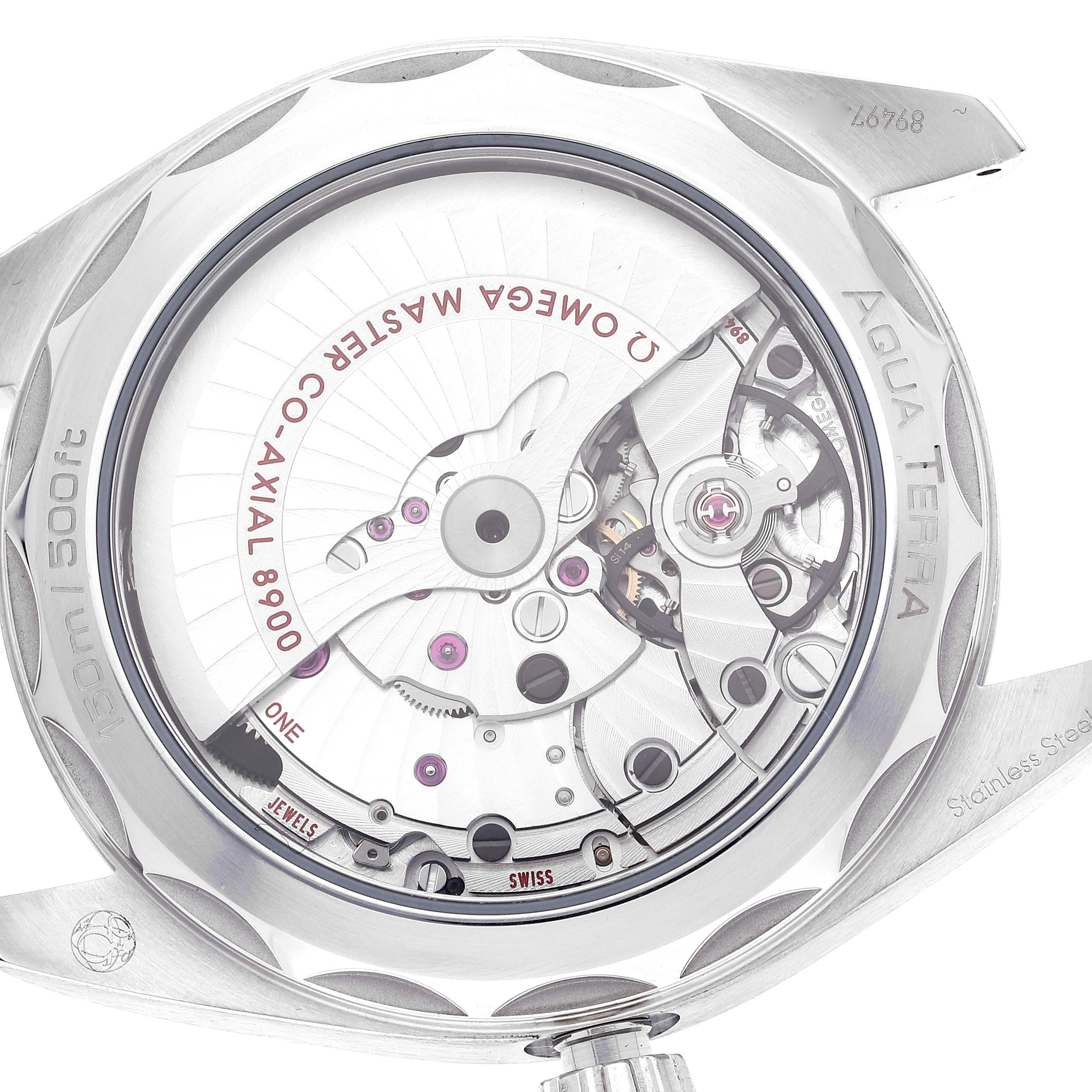 This image shows the back view of the Omega Aqua Terra 220.12.41.21.01.001 Men's Stainless Steel Black Dial 220.12.41.21.01.001 Men's Stainless Steel Black Dial watch, highlighting its exposed mechanical movement.