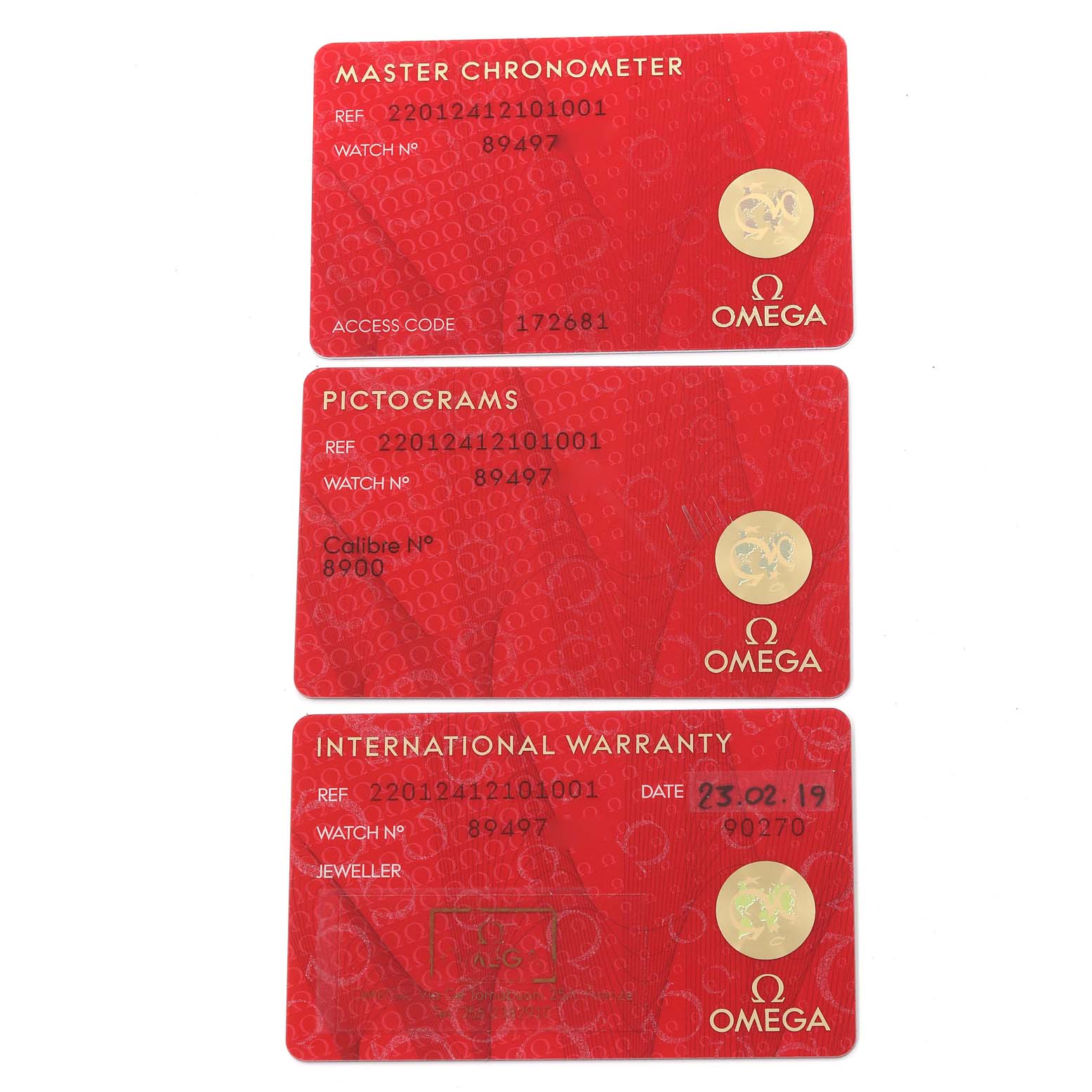 The image shows three red cards for the Omega Aqua Terra 220.12.41.21.01.001 Men's Stainless Steel Black Dial 220.12.41.21.01.001 Men's Stainless Steel Black Dial model: Master Chronometer, Pictograms, and International Warranty.