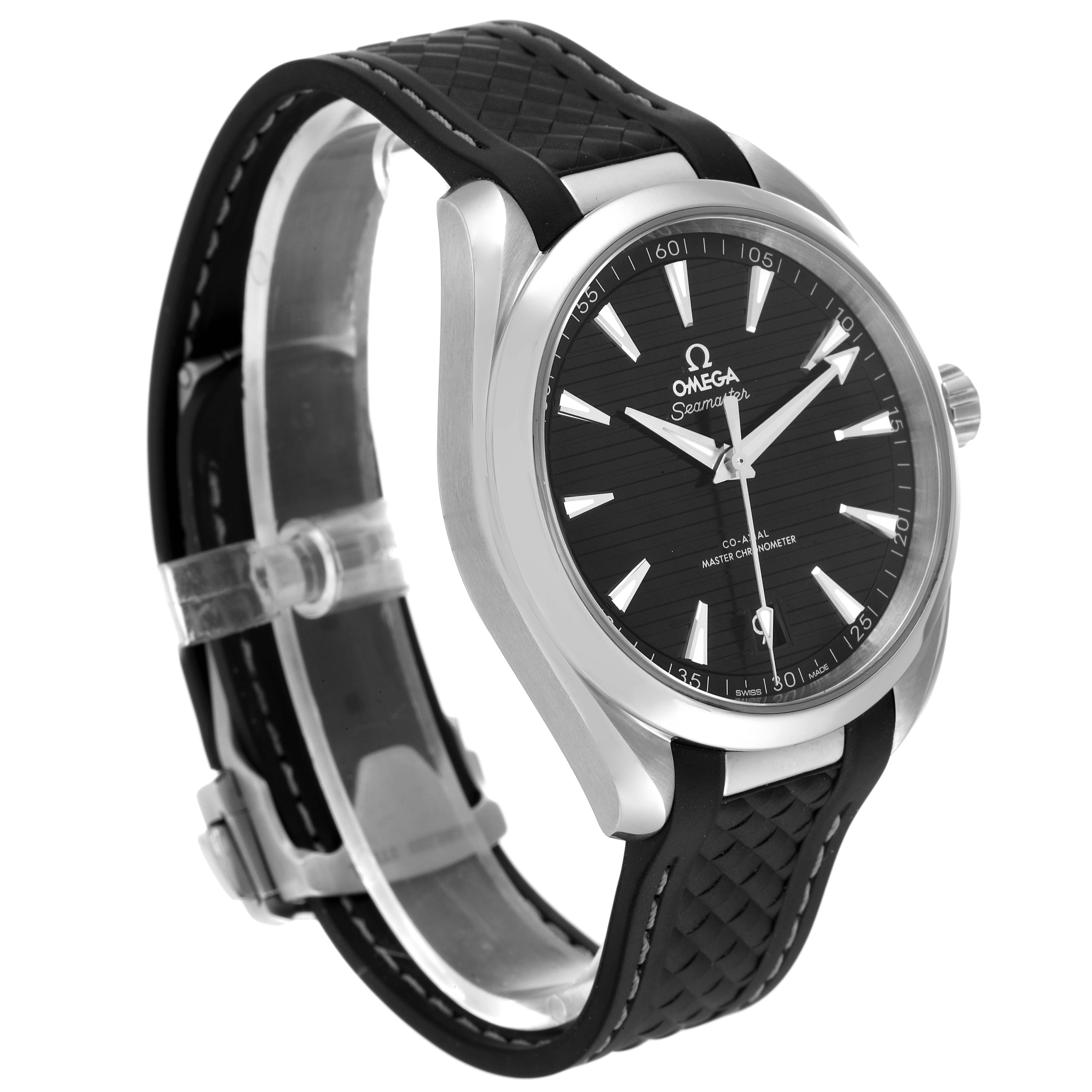 The image shows an Omega Aqua Terra 220.12.41.21.01.001 Men's Stainless Steel Black Dial 220.12.41.21.01.001 Men's Stainless Steel Black Dial watch at a three-quarter angle, highlighting its black dial, bezel, and rubber strap.