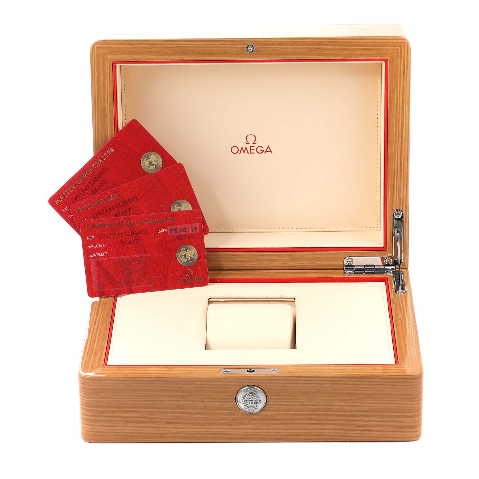 The image shows an open Omega Aqua Terra 220.12.41.21.01.001 Men's Stainless Steel Black Dial 220.12.41.21.01.001 Men's Stainless Steel Black Dial watch box containing warranty and certification cards.