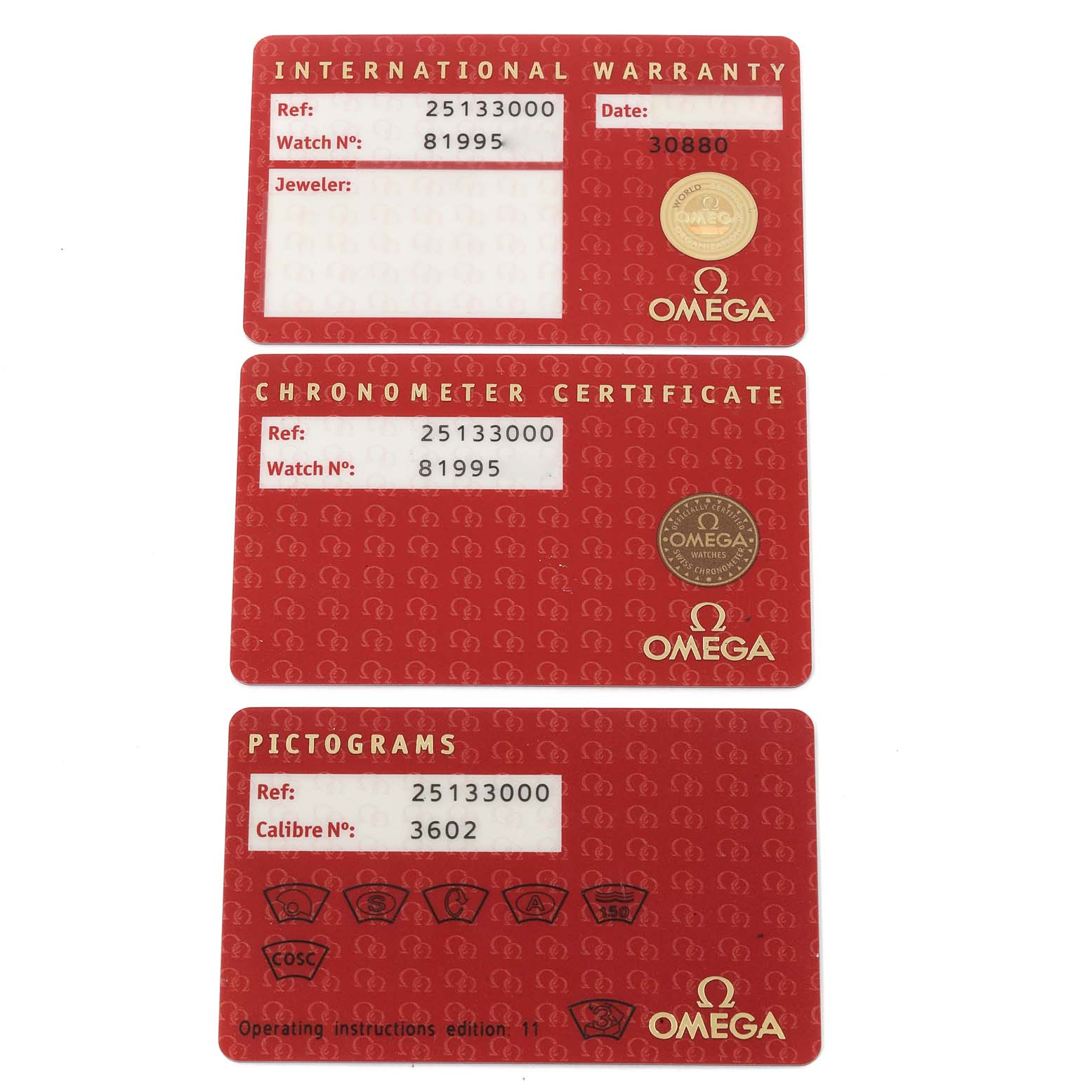 The image shows three red cards for the Omega Aqua Terra 2513.30.00 Men
s Stainless Steel Silver Dial 2513.30.00 Men
s Stainless Steel Silver Dial model: International Warranty, Chronometer Certificate, and Pictograms.