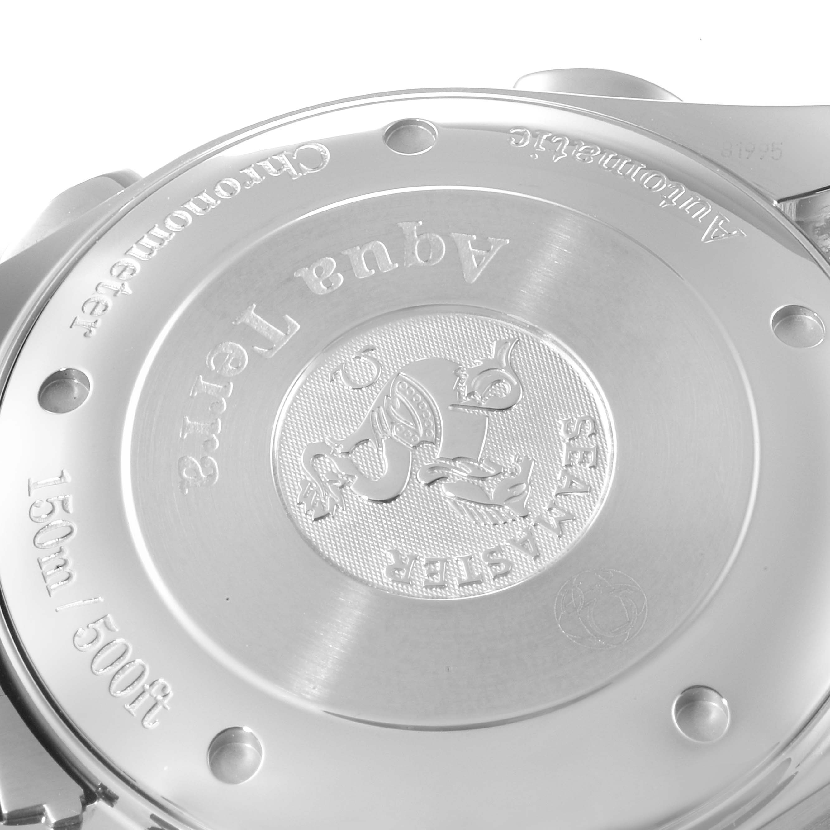 The image shows the back case of the Omega Aqua Terra 2513.30.00 Men
s Stainless Steel Silver Dial 2513.30.00 Men
s Stainless Steel Silver Dial watch, highlighting the engravings and logo.