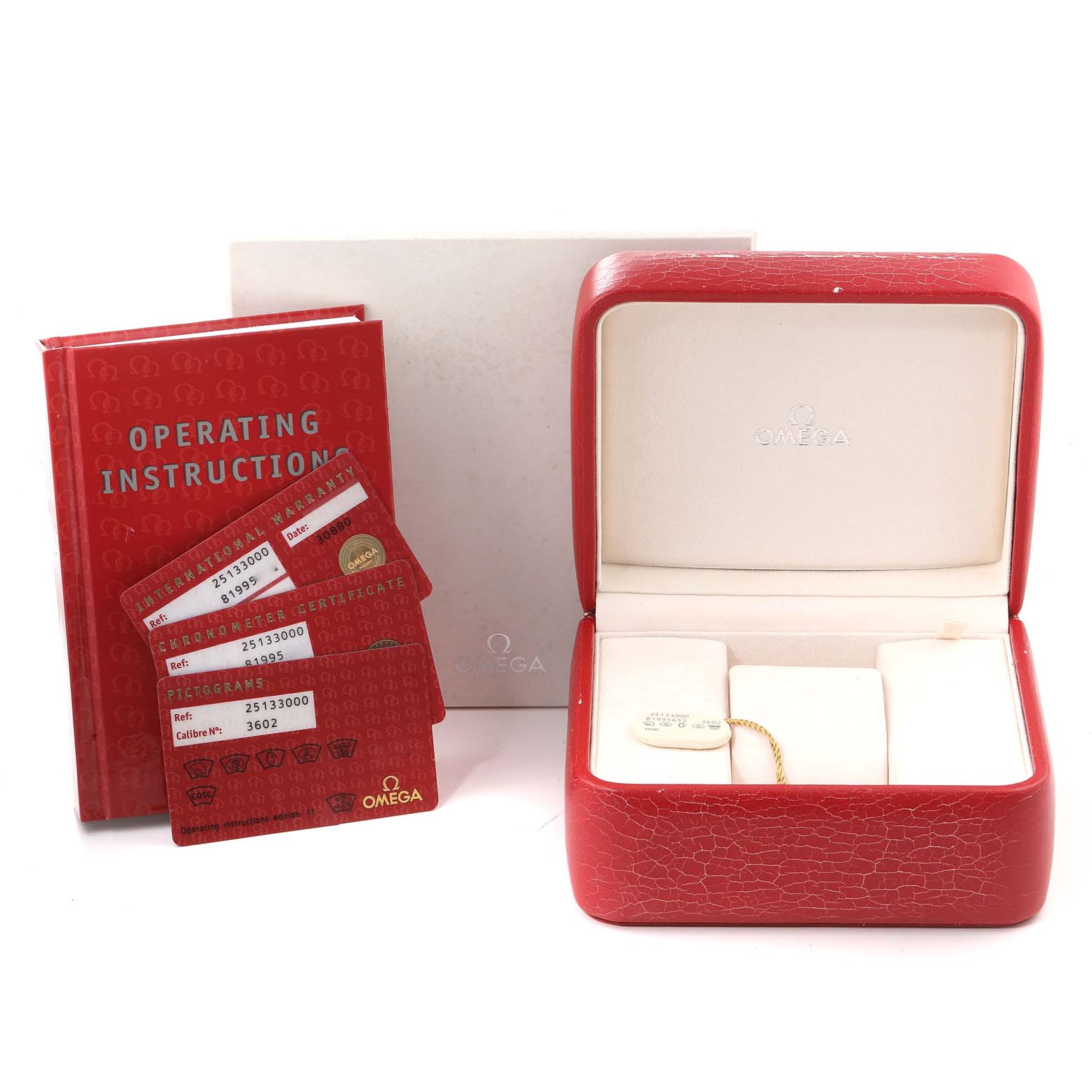 The image shows an Omega Aqua Terra 2513.30.00 Men
s Stainless Steel Silver Dial 2513.30.00 Men
s Stainless Steel Silver Dial watch
s accessories, including its case, operating instructions, warranty cards, and certificate.