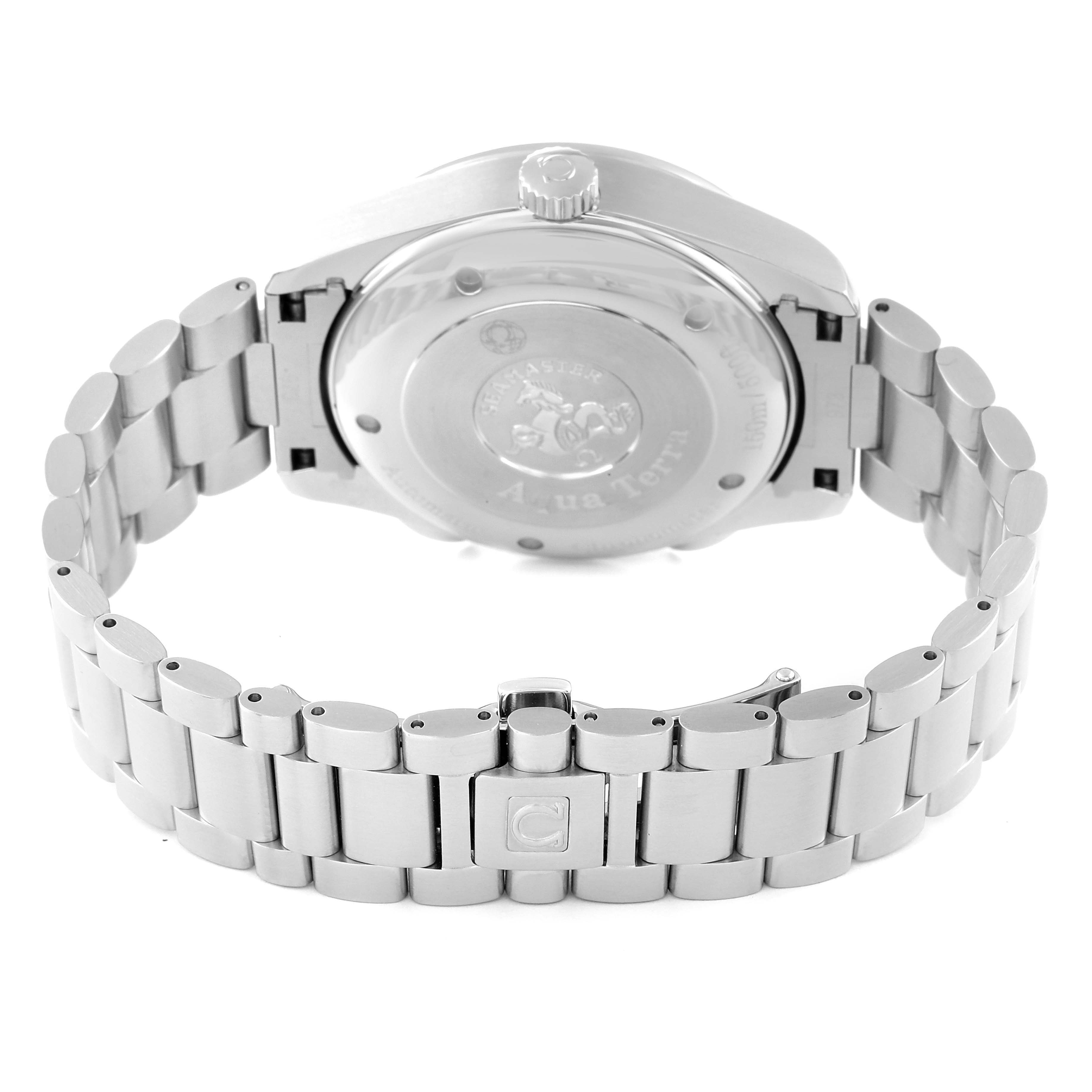 The image shows the back case and bracelet of the Omega Aqua Terra 2513.30.00 Men
s Stainless Steel Silver Dial 2513.30.00 Men
s Stainless Steel Silver Dial watch from a bottom angle.